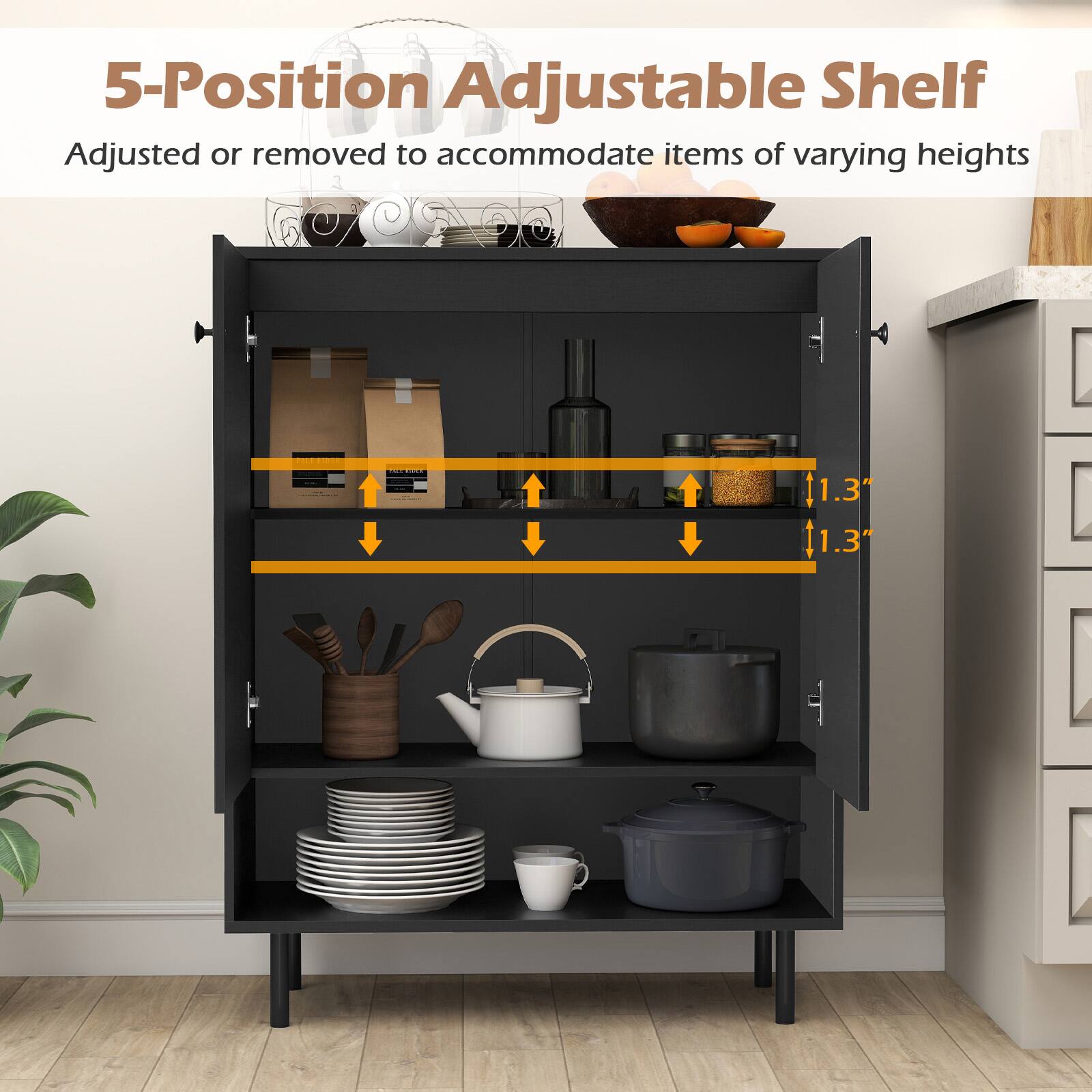 5-Position Adjustable Shelf

Adjusted or removed to accommodate items of varying heights

1.3"