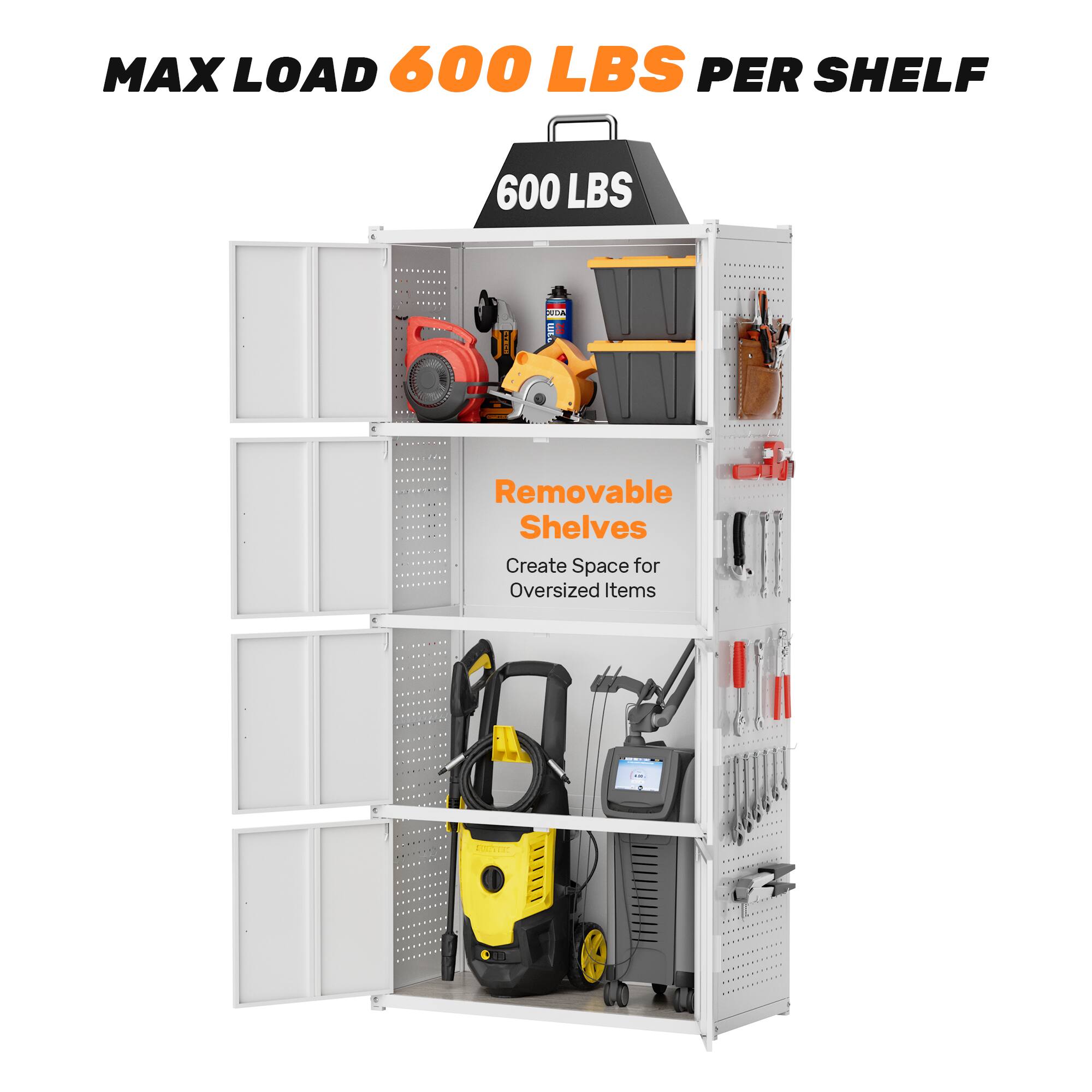 MAX LOAD 600 LBS PER SHELF  
600 LBS RCM  
Removable Shelves  
Create Space for Oversized Items