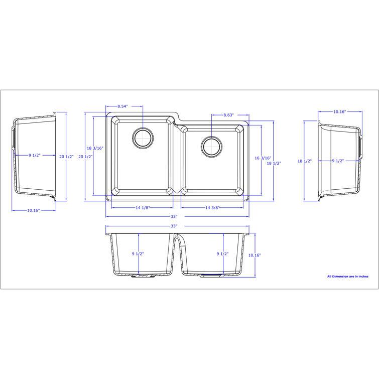 Here is the corrected and grouped text from the image:

- 8.54"
- 8.63"
- 10.16"
- 9 1/2"
- 20 1/2"
- 18 3/16"
- 16 3/16"
- 18 1/2"
- 14 1/8"
- 14 3/8"
- 33"
- 3 1/2"
- 10.16"
- 14 3/8"
- 18 1/2"
- 18 1/2"
- 7 1/2"
- 10.16"
- 14 1/8"
- 33"
- 9 1/2"
- 9 1/2"
- 10.16"
- All Dimensions are in Inches