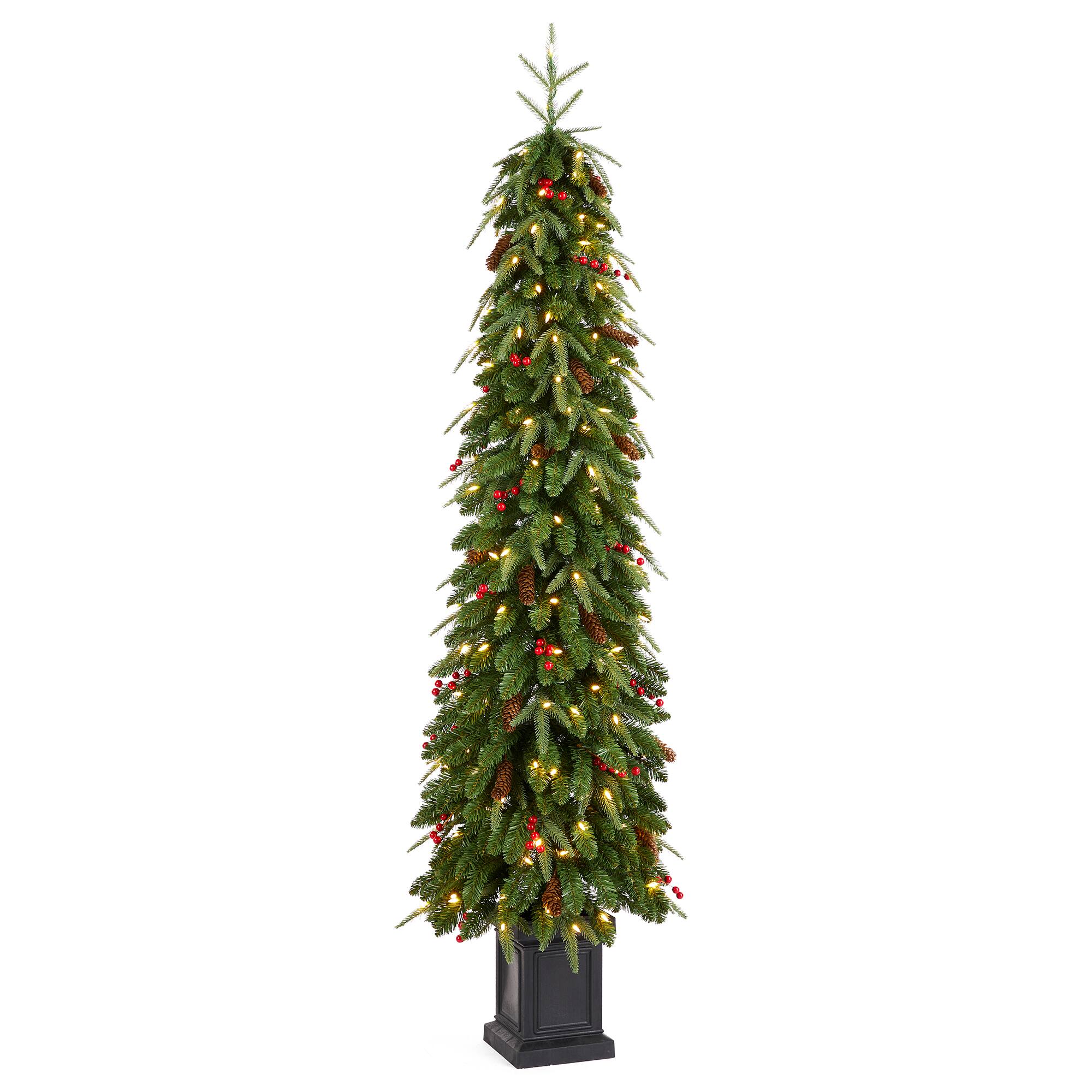 Angle. Glitzhome - 6ft Pre-lit Green Artificial Christmas Porch Tree, red berries,pinecones, 180 warm white lights,3 function, Foot Pedal - Green.