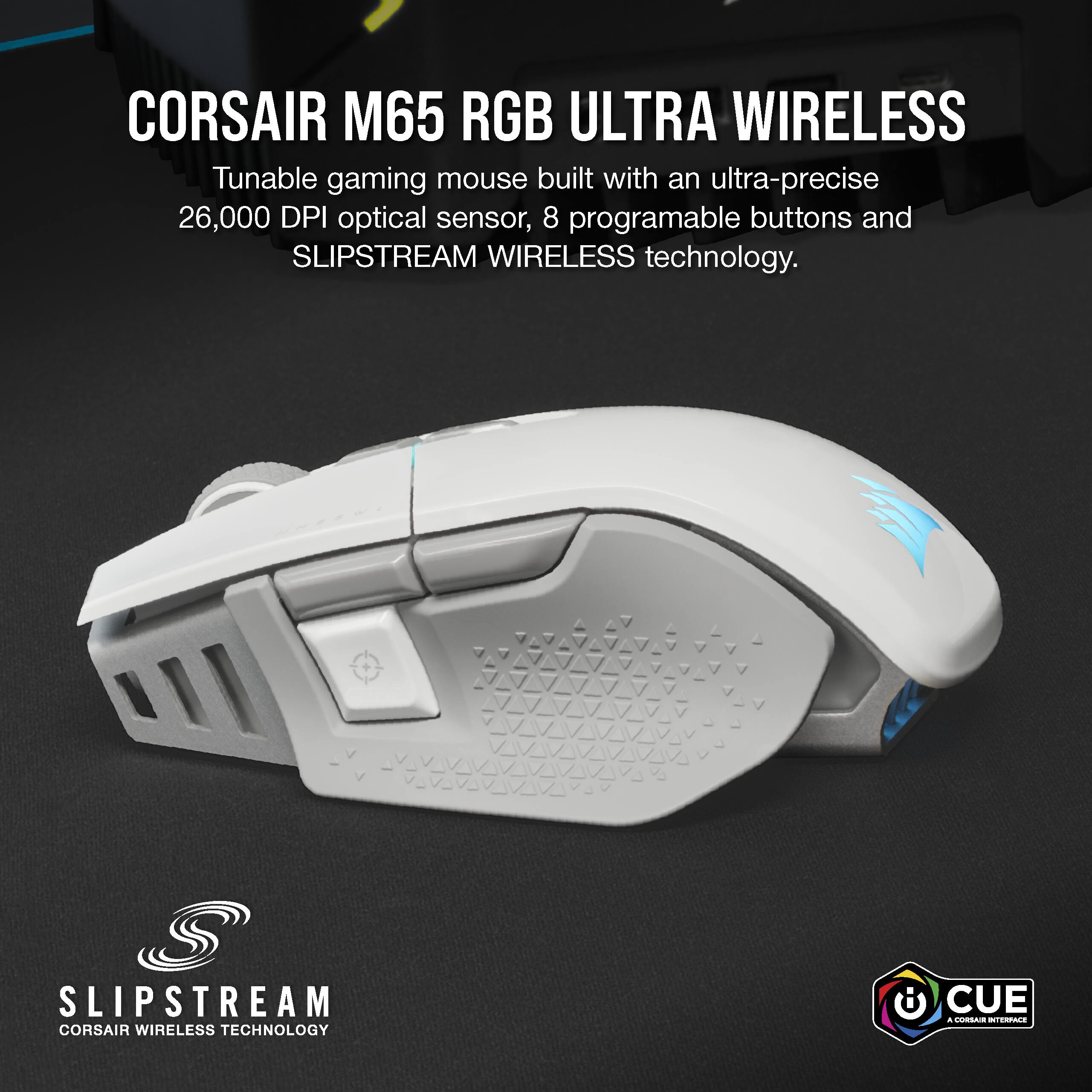 Corsair M65 RGB Ultra Wireless: Tunable gaming mouse built with an ultra-precise 26,000 DPI optical sensor, 8 programmable buttons, and Slipstream Wireless technology.