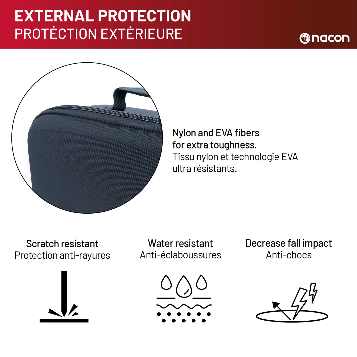EXTERNAL PROTECTION  
PROTECTION EXTERIEURE  

Nylon and EVA fibers for extra toughness.  
Tissu nylon et technologie EVA ultra résistants.  

Scratch resistant  
Protection anti-rayures  

Water resistant  
Anti-éclaboussures  

Decrease fall impact  
Anti-chocs