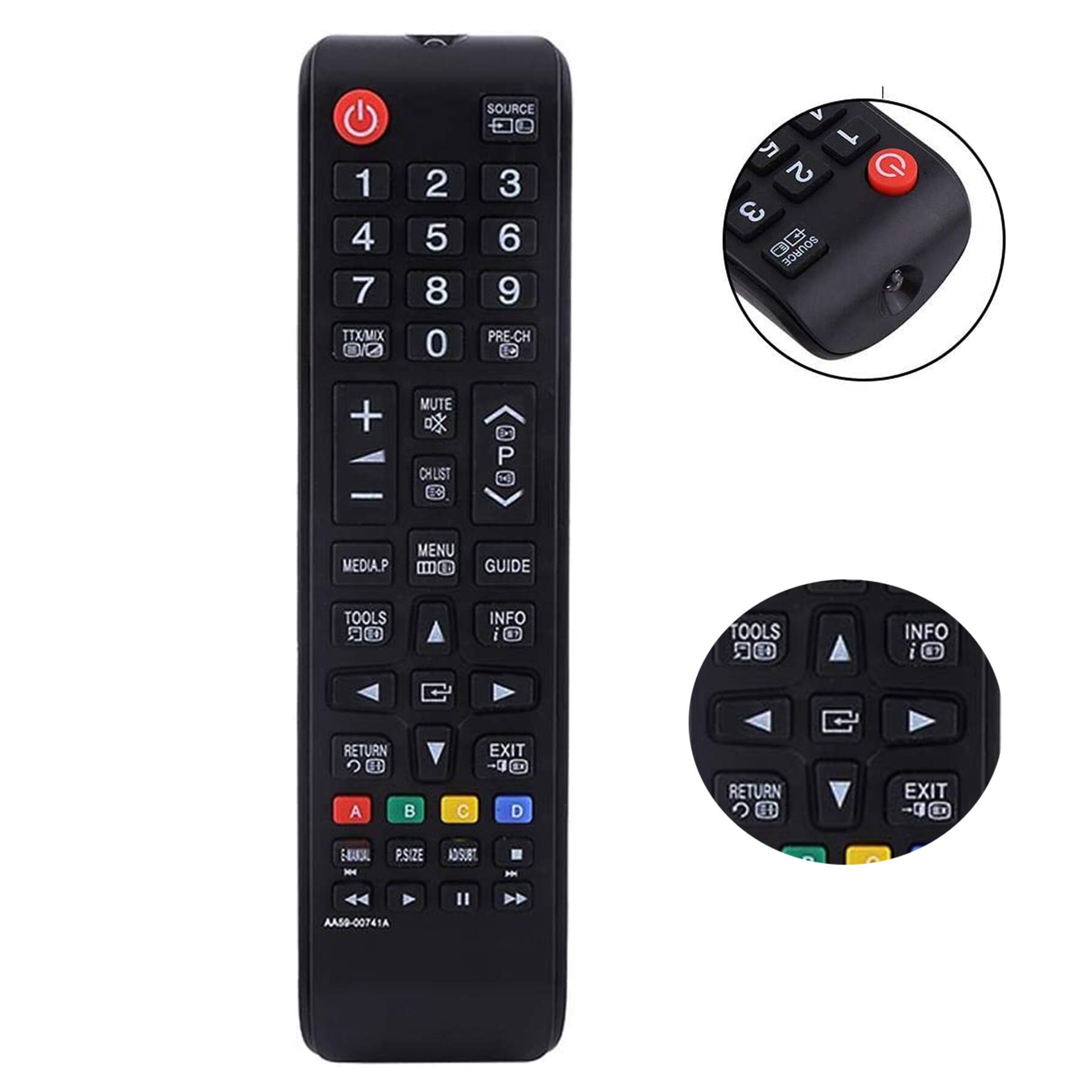 Sure, here is the corrected and grouped text from the image:

**Top Section:**
- SOURCE
- 1 2 3
- 4 5 6
- 7 8 9
- 0

**Middle Section:**
- TTX/IX
- PRE-CH
- MUTE
- CHLIST
- MENU
- GUIDE
- MEDIA P
- TOOLS
- INFO

**Bottom Section:**
- RETURN
- EXIT
- A B C D
- EQUIL
- P SIZE
- AD SUBT

**Additional Information:**
- AA59-00741A

**Buttons:**
- Power (Red)
- Tools (with icon)
- Info (with icon)
- Return (with icon)
- Exit (with icon)
- Play/Pause (with icon)
- Forward (with icon)
- Backward (with icon)

**In the Zoomed-in Section:**
- Power (Red)
- SOURCE

This should accurately reflect the layout and labels on the remote control.