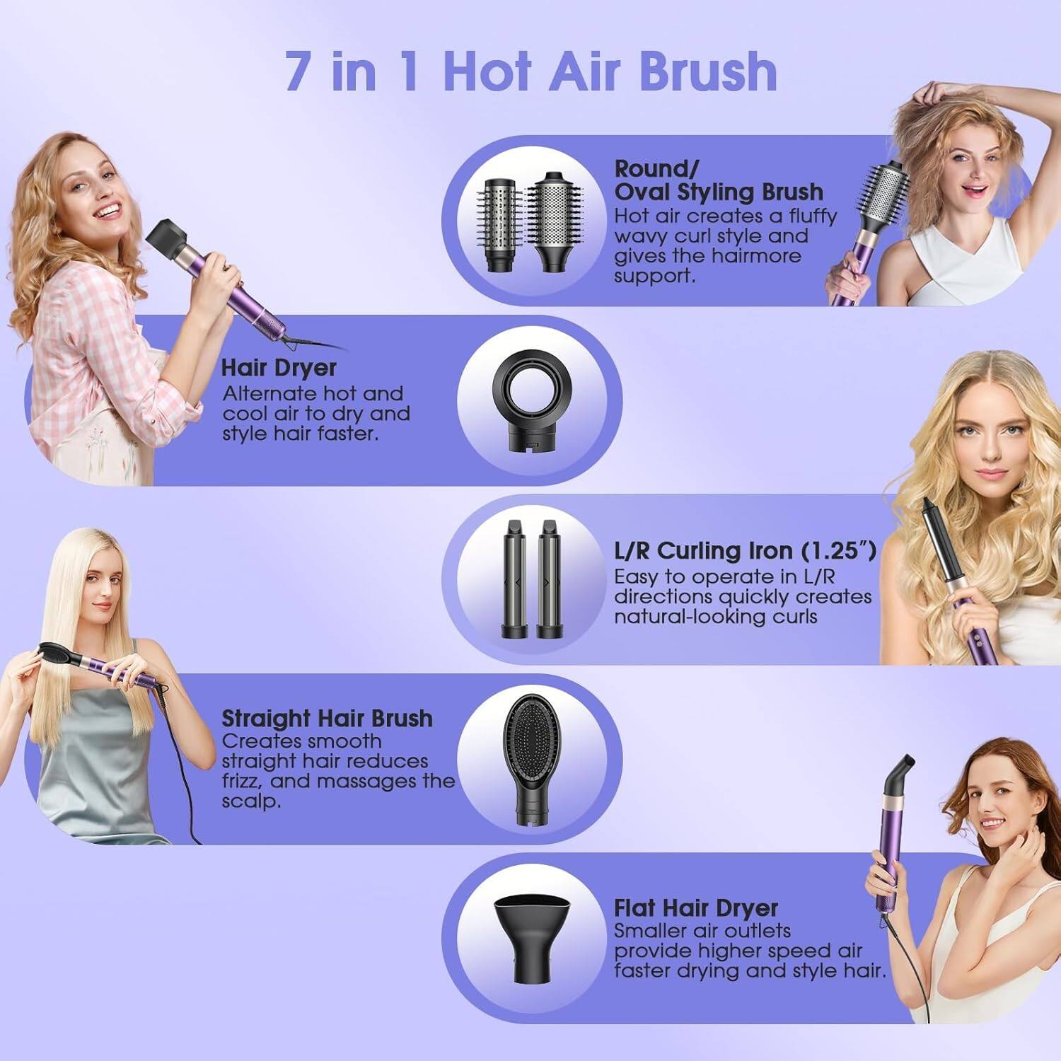 7 in 1 Hot Air Brush

- **Hair Dryer**  
  Alternate hot and cool air to dry and style hair faster.

- **Round/Oval Styling Brush**  
  Hot air creates a fluffy wavy curl style and gives the hair more support.

- **L/R Curling Iron (1.25")**  
  Easy to operate in L/R directions quickly creates natural-looking curls.

- **Straight Hair Brush**  
  Creates smooth straight hair, reduces frizz, and massages the scalp.

- **Flat Hair Dryer**  
  Smaller air outlets provide higher speed air, faster drying and style hair.
