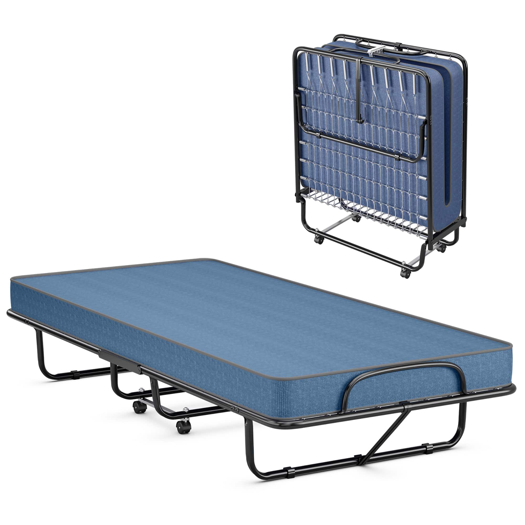 Gymax - Folding Bed with Mattress Portable Rollaway Guest Cot Memory Foam Made in Italy - Navy