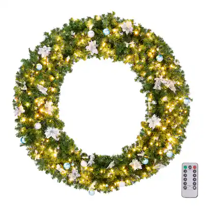 Front. Winado - 48in Christmas Pre-lit Artificial Wreath with LED Lights, DIY Ornaments for Indoor Outdoor Holiday Party Decoration - Light Green.