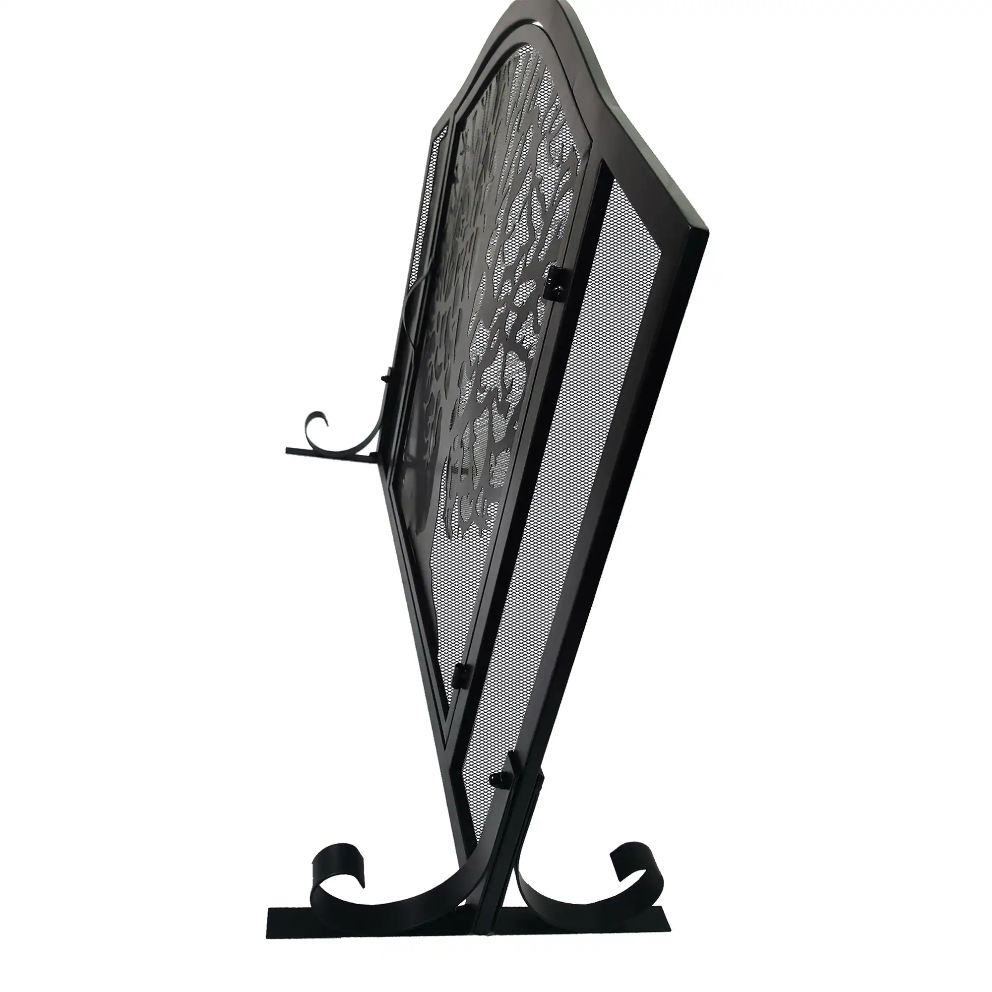 Alt View 5. Manhattan Lane - 43 Inches 3 Panel Iron Fireplace Screen, Mesh Design, Arched Top, Tree of Life Art - Black.