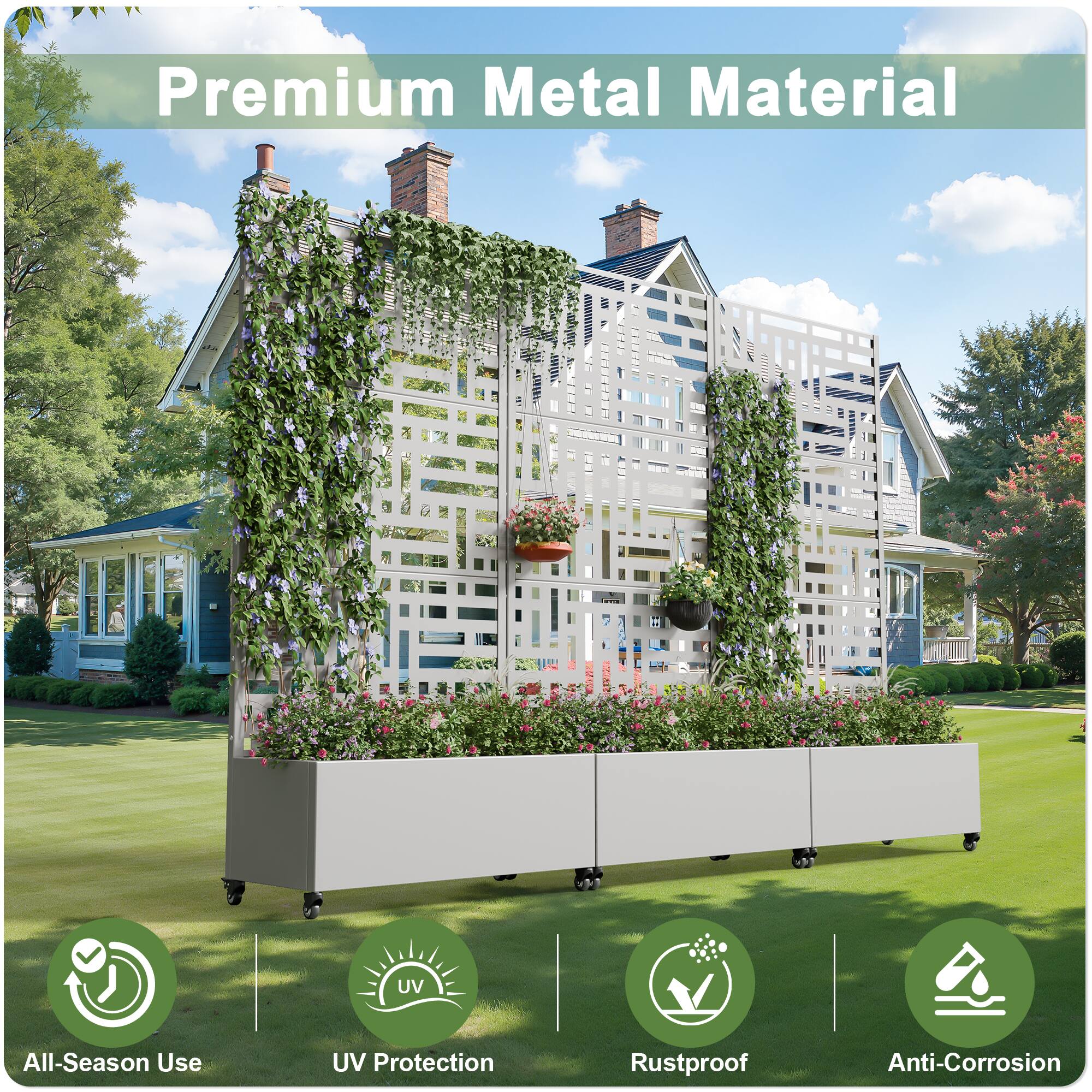 Premium Metal Material

- All-Season Use
- UV Protection
- Rustproof
- Anti-Corrosion