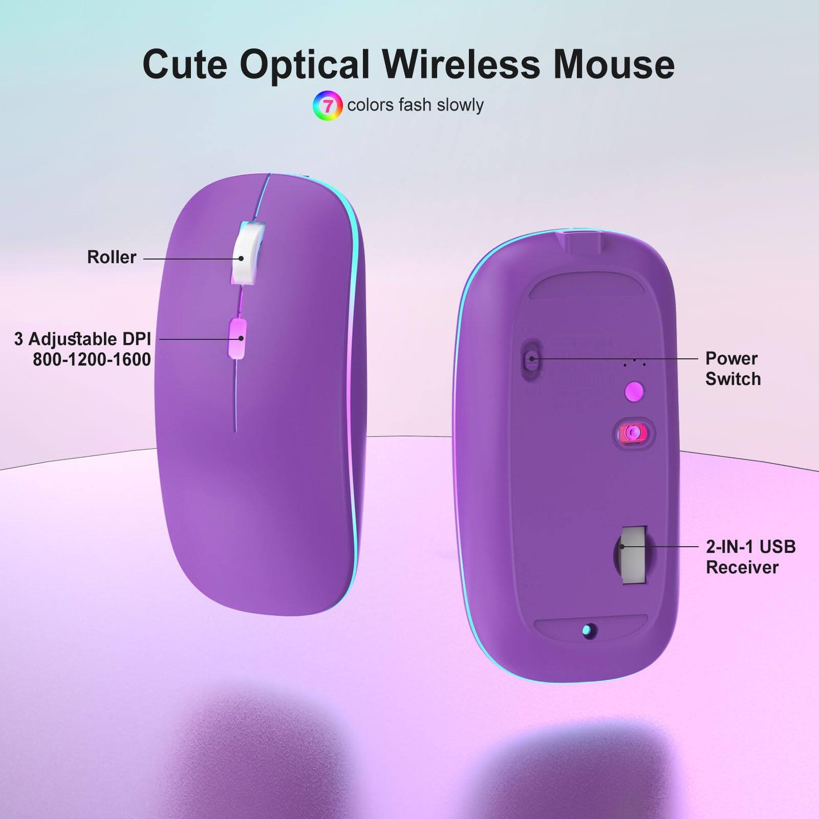Cute Optical Wireless Mouse

- 7 colors flash slowly
- Roller
- 3 Adjustable DPI 800-1200-1600
- Power Switch
- 2-IN-1 USB Receiver