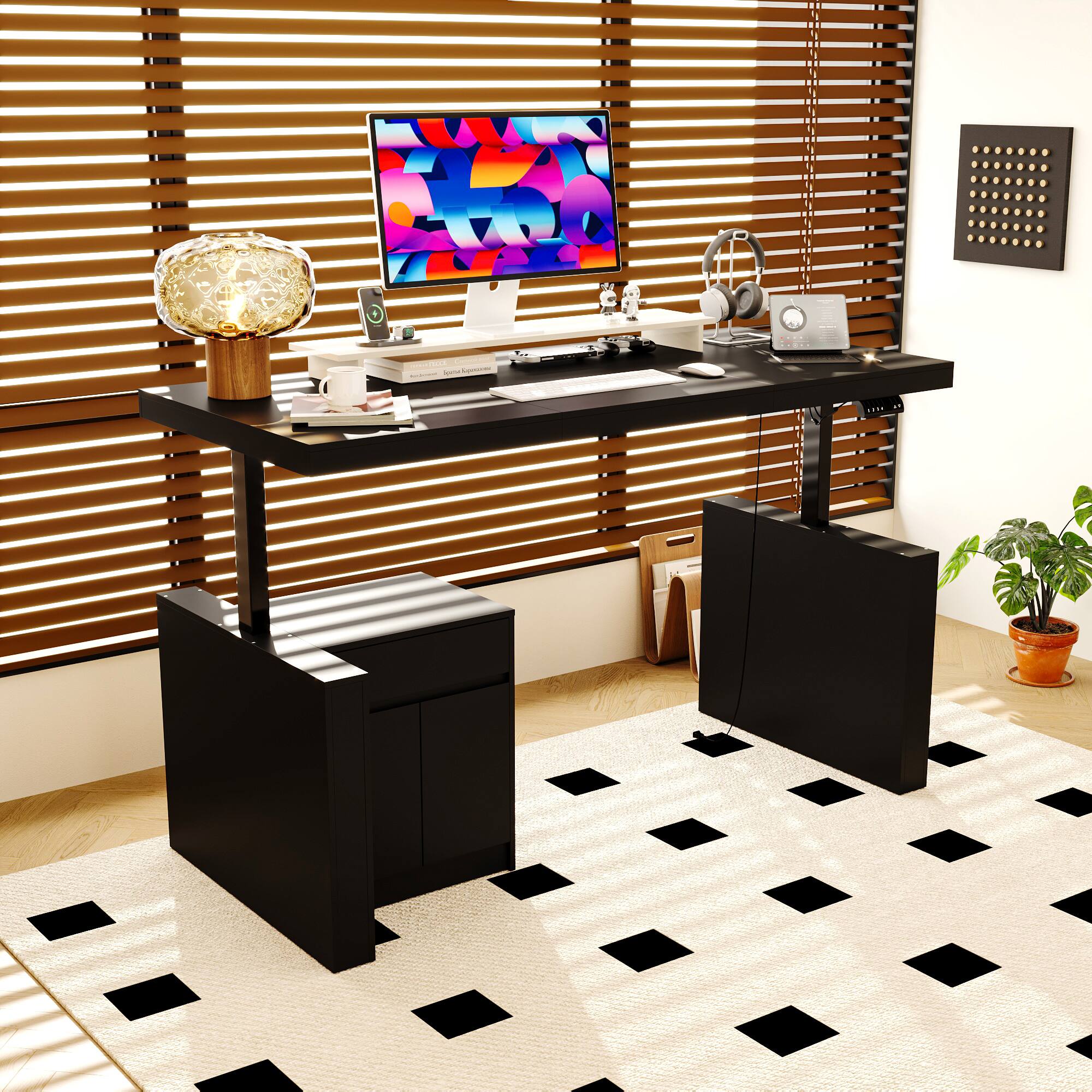 Angle. Famapy - Electric Standing Desk with Storage, 70.9" Adjustable Height Sit-Stand Desk 4-Memory Controller Built-in Cabinet - Black.