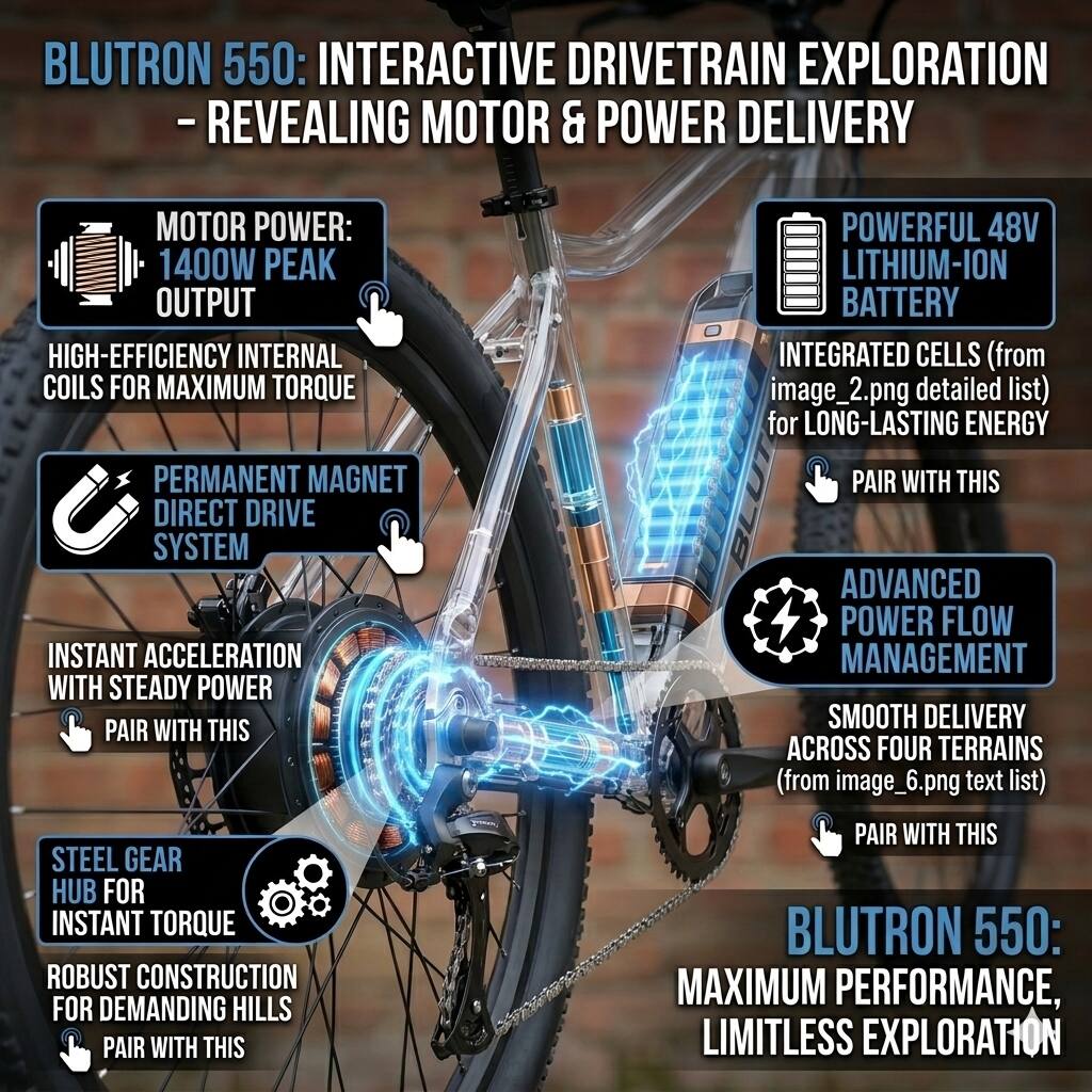 BLUTRON 550: INTERACTIVE DRIVETRAIN EXPLORATION - REVEALING MOTOR & POWER DELIVERY

MOTOR POWER: 1400W PEAK OUTPUT  
HIGH-EFFICIENCY INTERNAL COILS FOR MAXIMUM TORQUE  
PERMANENT MAGNET DIRECT DRIVE SYSTEM  
INSTANT ACCELERATION WITH STEADY POWER  
STEEL GEAR HUB FOR INSTANT TORQUE  
ROBUST CONSTRUCTION FOR DEMANDING HILLS  

POWERFUL 48V LITHIUM-ION BATTERY  
INTEGRATED CELLS (from image_2.png detailed list) for LONG-LASTING ENERGY  

ADVANCED POWER FLOW MANAGEMENT  
SMOOTH DELIVERY ACROSS FOUR TERRAINS (from image_6.png text list)  

BLUTRON 550: MAXIMUM PERFORMANCE, LIMITLESS EXPLORATION