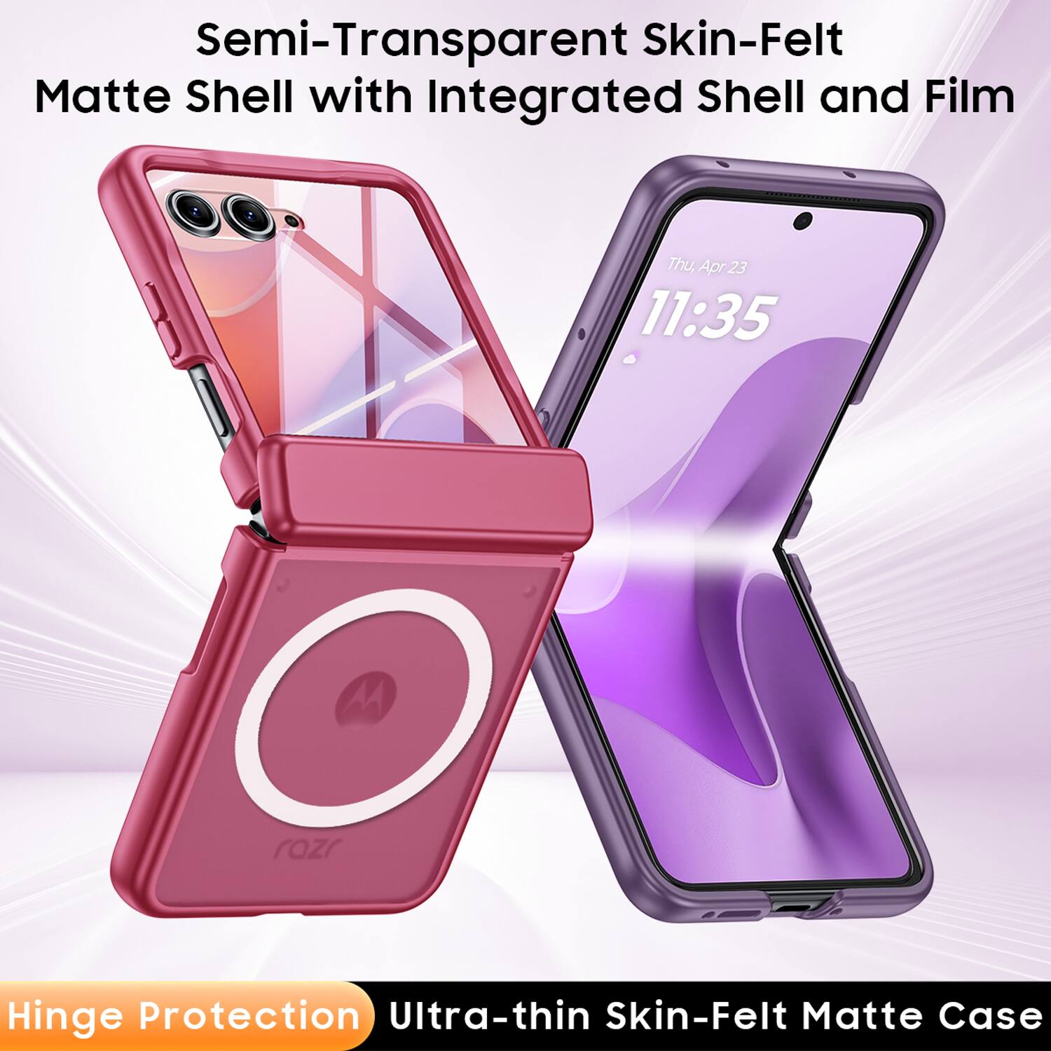 Semi-Transparent Skin-Felt Matte Shell with Integrated Shell and Film  
Thu, Apr 23 11:35  
Hinge Protection  
Ultra-thin Skin-Felt Matte Case