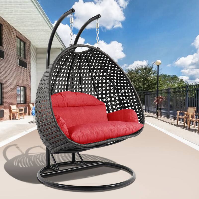 Left. LeisureMod - Leisuremod Outdoor 2-Person Charcoal Wicker Egg Swing Chair with Steel Stand, Washable Cushions & Waterproof Cover - Red.