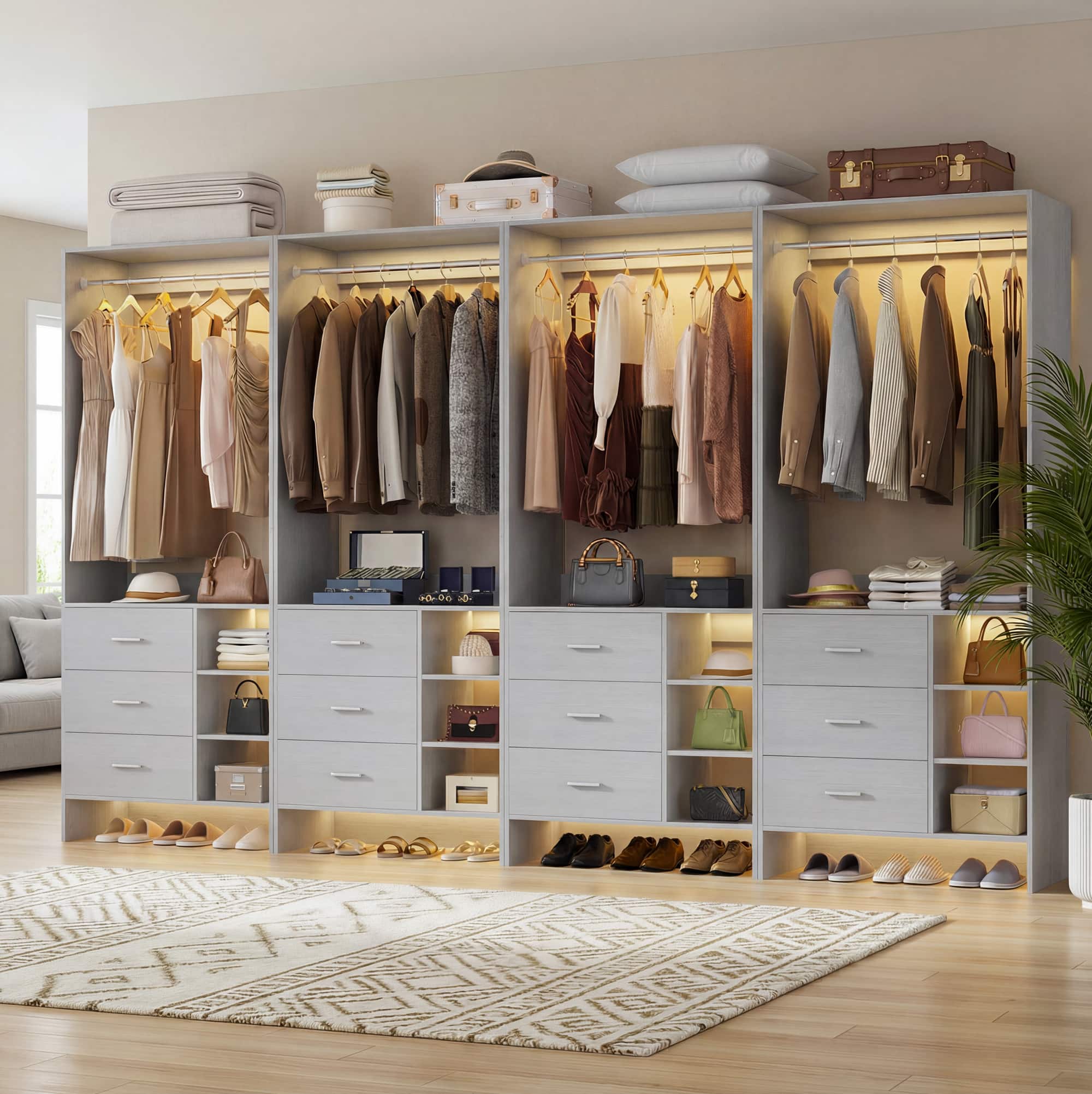 Aheaplus - 10FT Large Closet System 4-Piece Set with 12 Drawers, 118'' Walk-in Closet Organizer with Hanging Rods for Closet - Gray