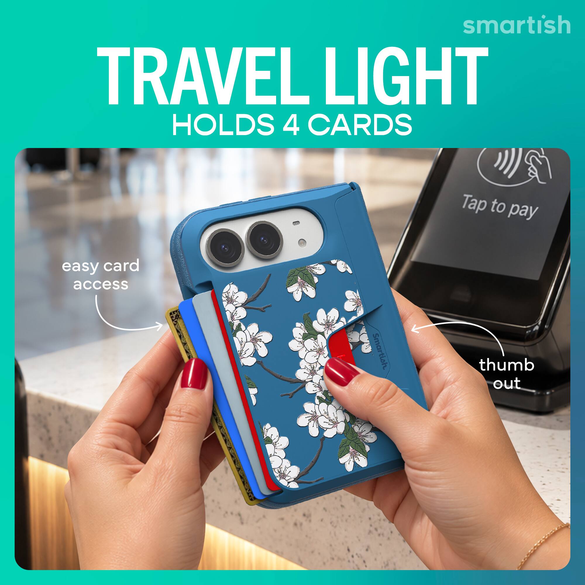 smartish TRAVEL LIGHT HOLDS 4 CARDS

Tap to pay

easy card access

Smartish

thumb out