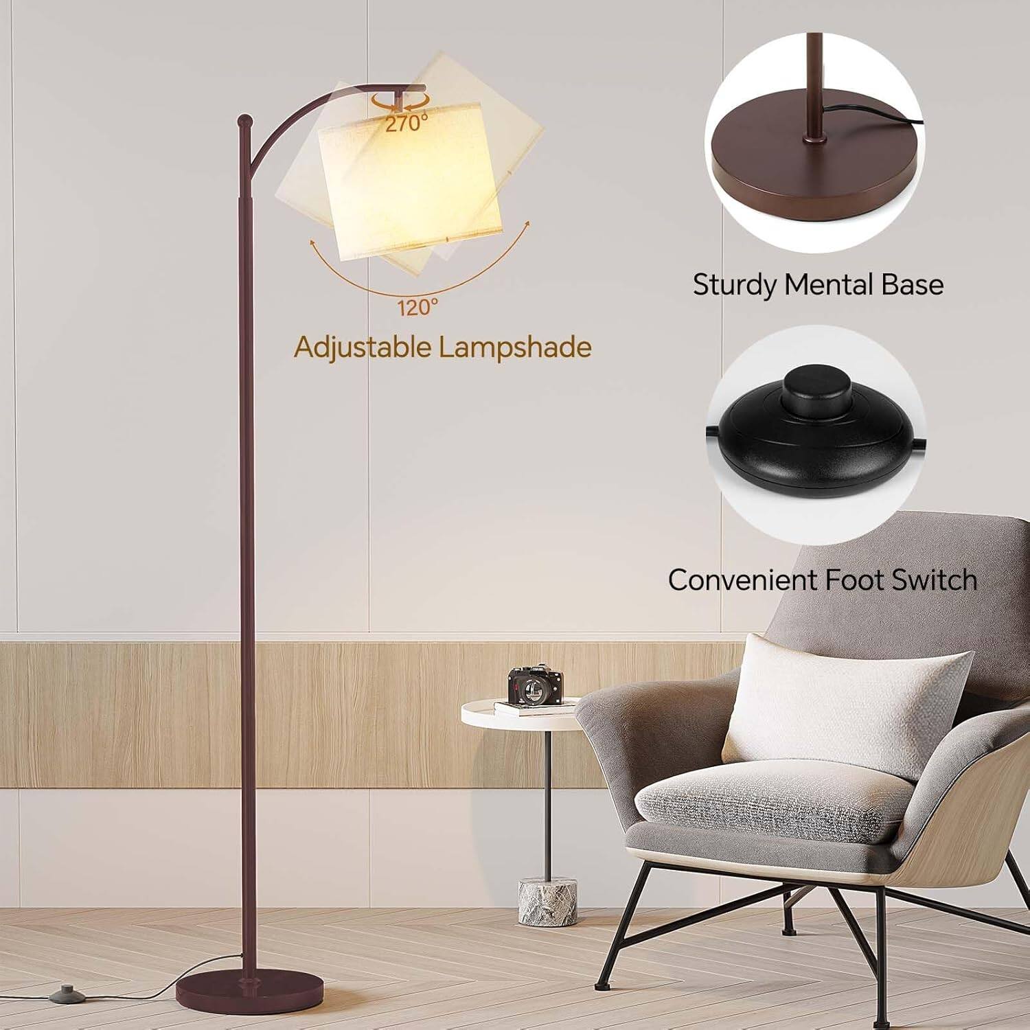 270° Adjustable Lampshade  
120°  
Sturdy Metal Base  
Convenient Foot Switch