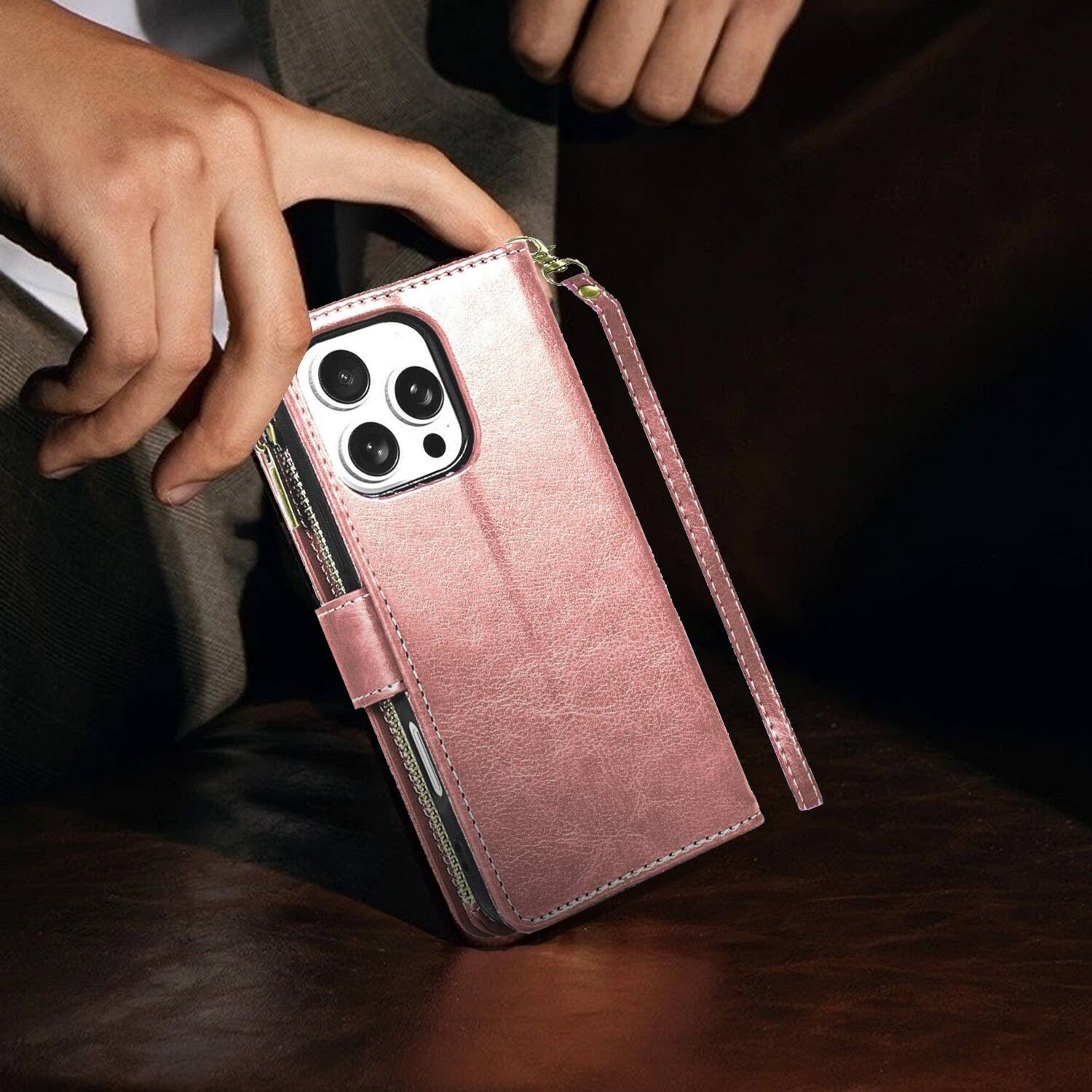 Alt View 6. Equipd - Phone Case for iPhone 16 Pro Max 6.9", Luxury Wallet Card ID Zipper Money Holder Cover (Rose Gold) - Rose Gold.