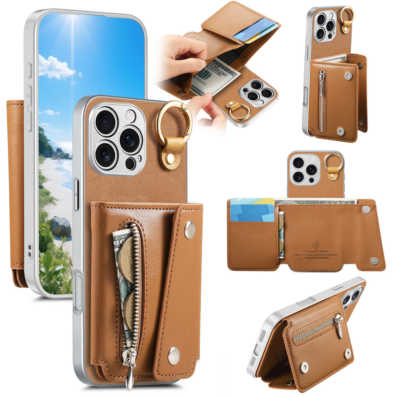 Dteck - Zipper Wallet Card Purse Case For iPhone 16 Pro Max, Shockproof PU Leather PC+TPU Cash Credit Card Holder Cover - Brown price history on PriceWatchPro
