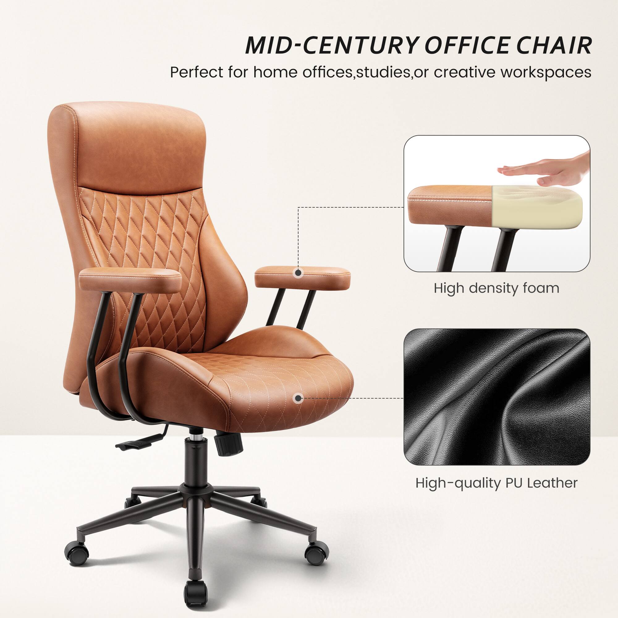 MID-CENTURY OFFICE CHAIR  
Perfect for home offices, studies, or creative workspaces  

- High density foam  
- High-quality PU Leather