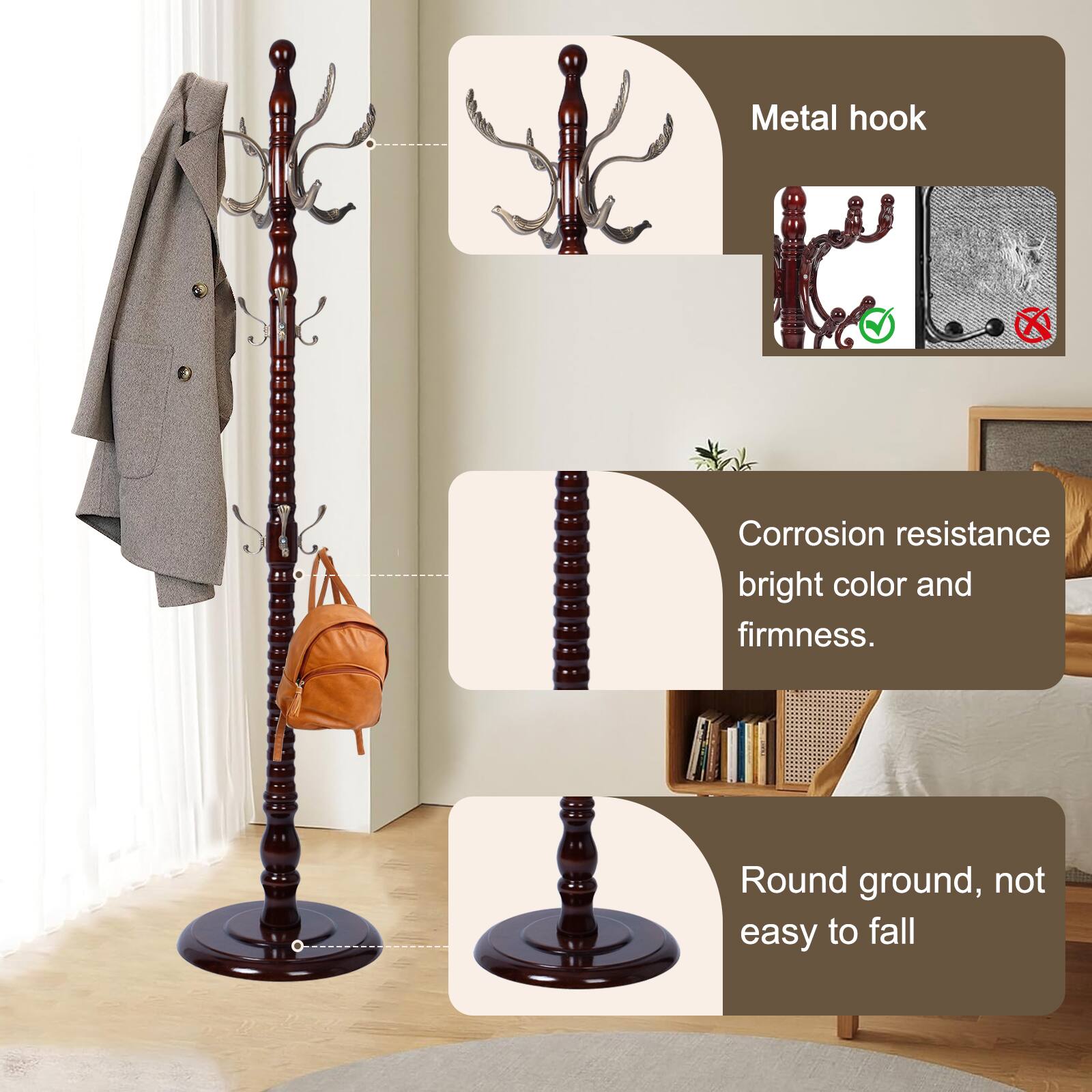 Alt View 3. Chateau Abodes - Solid Wood Coat Rack, Free Standing Hall Coat Tree with 14Hooks, 3 Height Options, 300lbs Load, Stury Base - Metal Phoenix Hook.