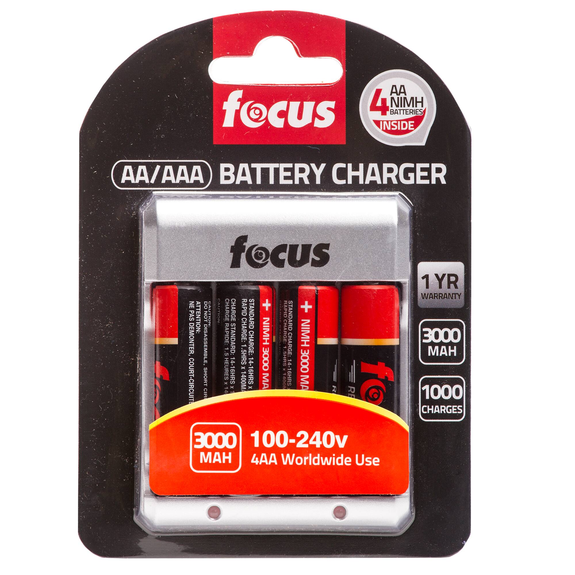 AA focus 4 NIMH BATTERIES INSIDE AA/AAA BATTERY CHARGER focus NE ATT : CHARGE CHARGE RAPID + ORAT + PAS ATTENTION: DONOT STANDARD STANDARD DEMONTER. RAPIDE STANDARD: CHARGE: NIMH HANGE NIMH DISASSEMBLE,  .SHRS I CHARGE: CHARGE: 14-1 3000 SO 14 3000 A COURT-CIRCUITA SHORT HEURES x 14-16HRS 1400M -16HRS MA 14008 14-16HRS MA - - M Can 14 RE 3000 100-240v  4AA Worldwide Use 1 YR WARRANTY 3000  1000 CHARGES