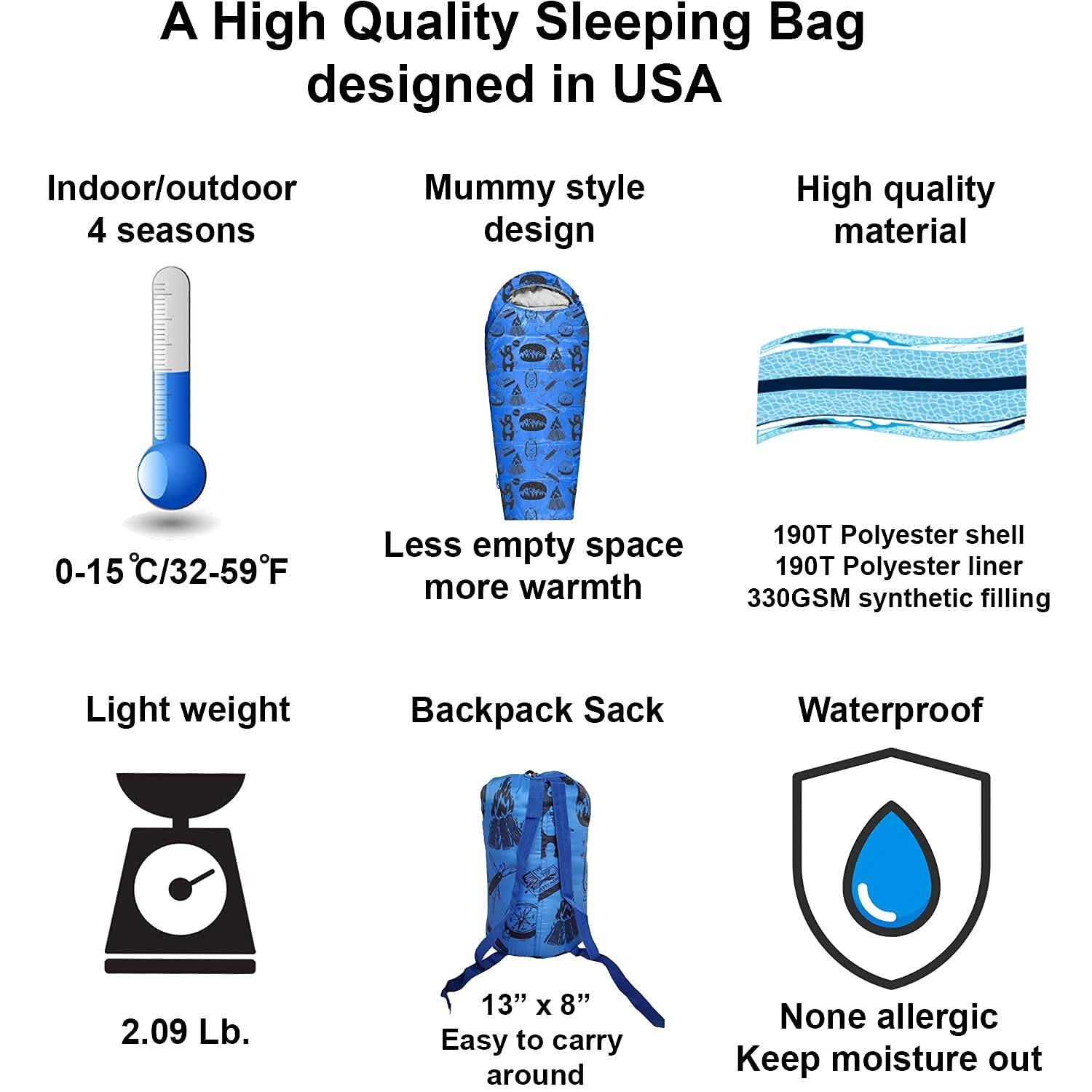 A High Quality Sleeping Bag designed in USA

- Indoor/outdoor 4 seasons
- Mummy style design
- High quality material
- 0-15°C/32-59°F
- Less empty space more warmth
- 190T Polyester shell
- 190T Polyester liner
- 330GSM synthetic filling
- Light weight
- Backpack Sack
- Waterproof
- 2.09 Lb.
- 13" x 8"
- Easy to carry around
- None allergic
- Keep moisture out