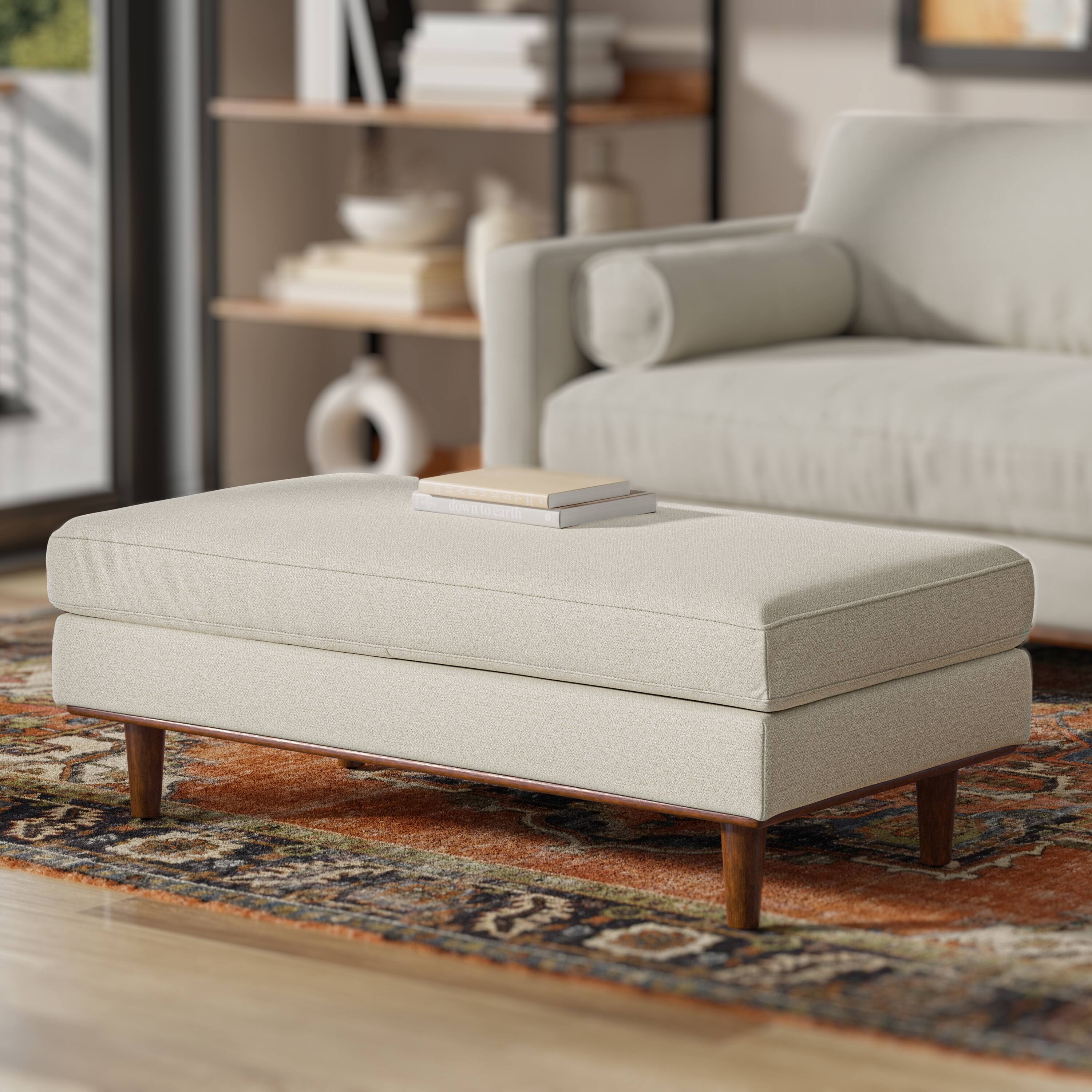 Angle. Simpli Home - Morrison 49 inch Wide Mid-Century Modern Table Ottoman in Cream White Woven-Blend Fabric - Cream White.