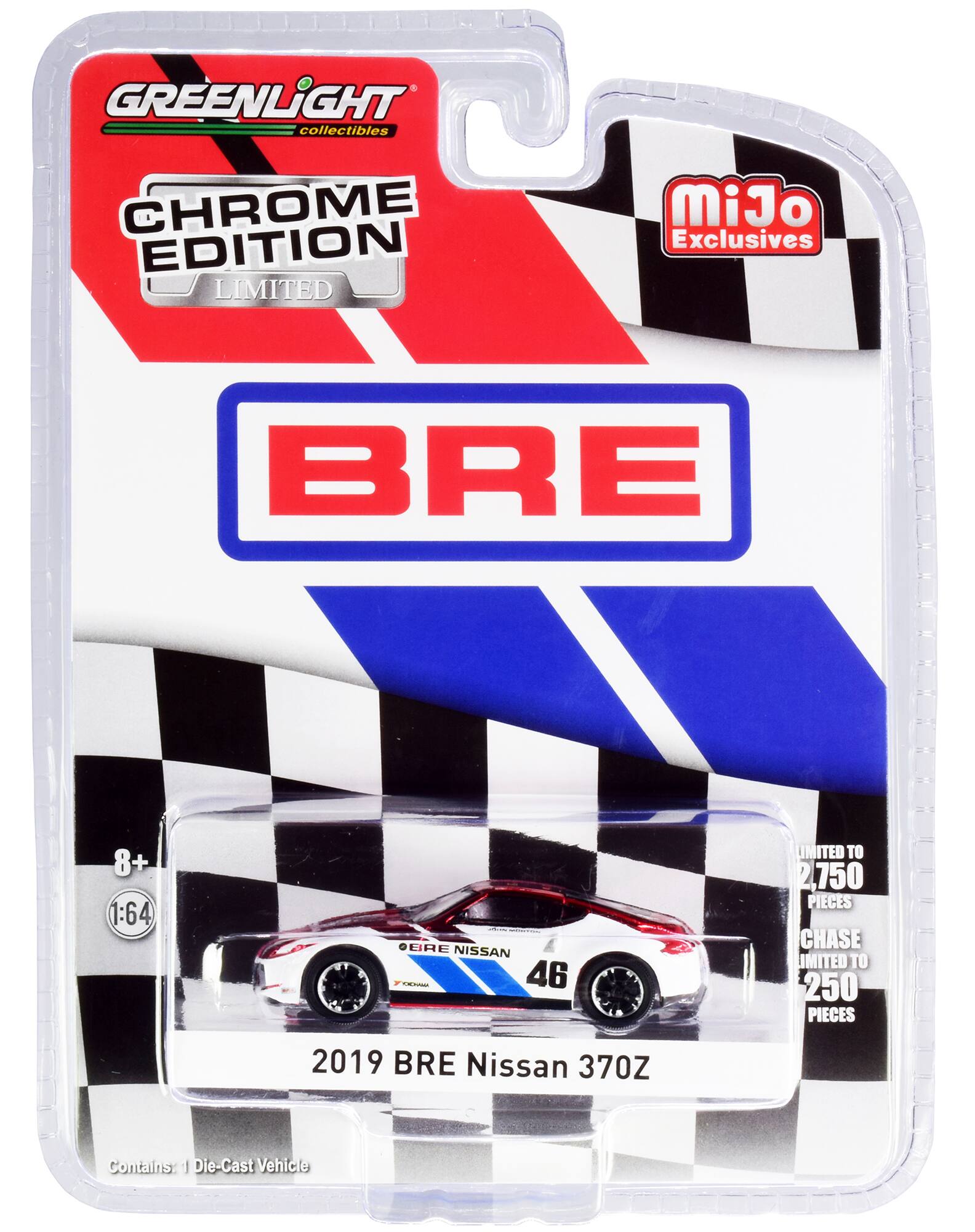GREENLIGHT collectibles  
CHROME EDITION LIMITED  
MiJo Exclusives  
BRE  
8+ 1:64  
OBRE  
NISSAN  
CE 46  
LIMITED TO 2,750 PIECES  
CHASE LIMITED TO 250 PIECES  
2019 BRE Nissan 370Z  
Contains 1 Die-Cast Vehicle