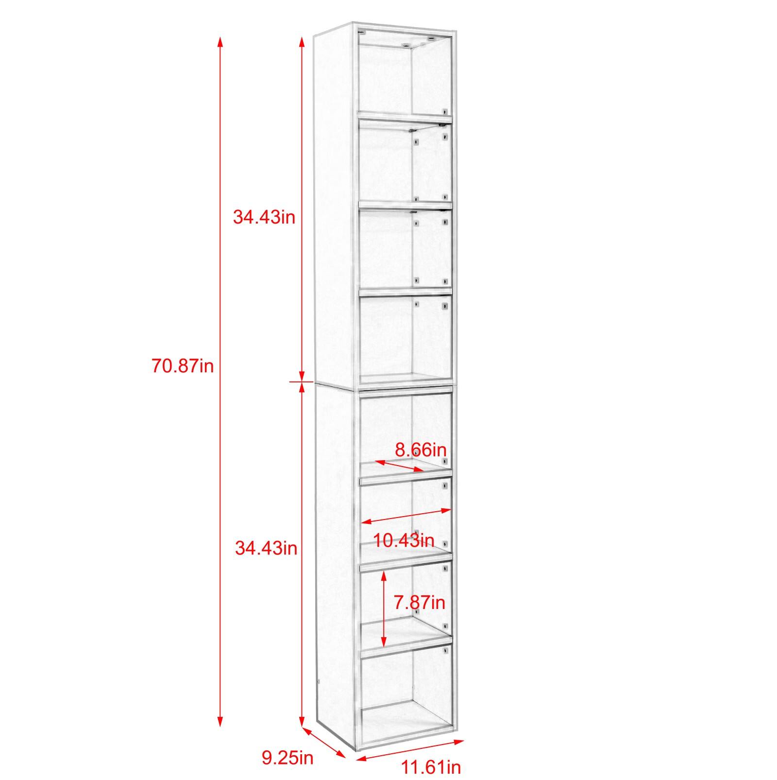 - Height: 70.87in
- Width: 34.43in
- Depth: 9.25in
- Shelf 1: 11.61in
- Shelf 2: 7.87in
- Shelf 3: 10.43in
- Shelf 4: 8.66in