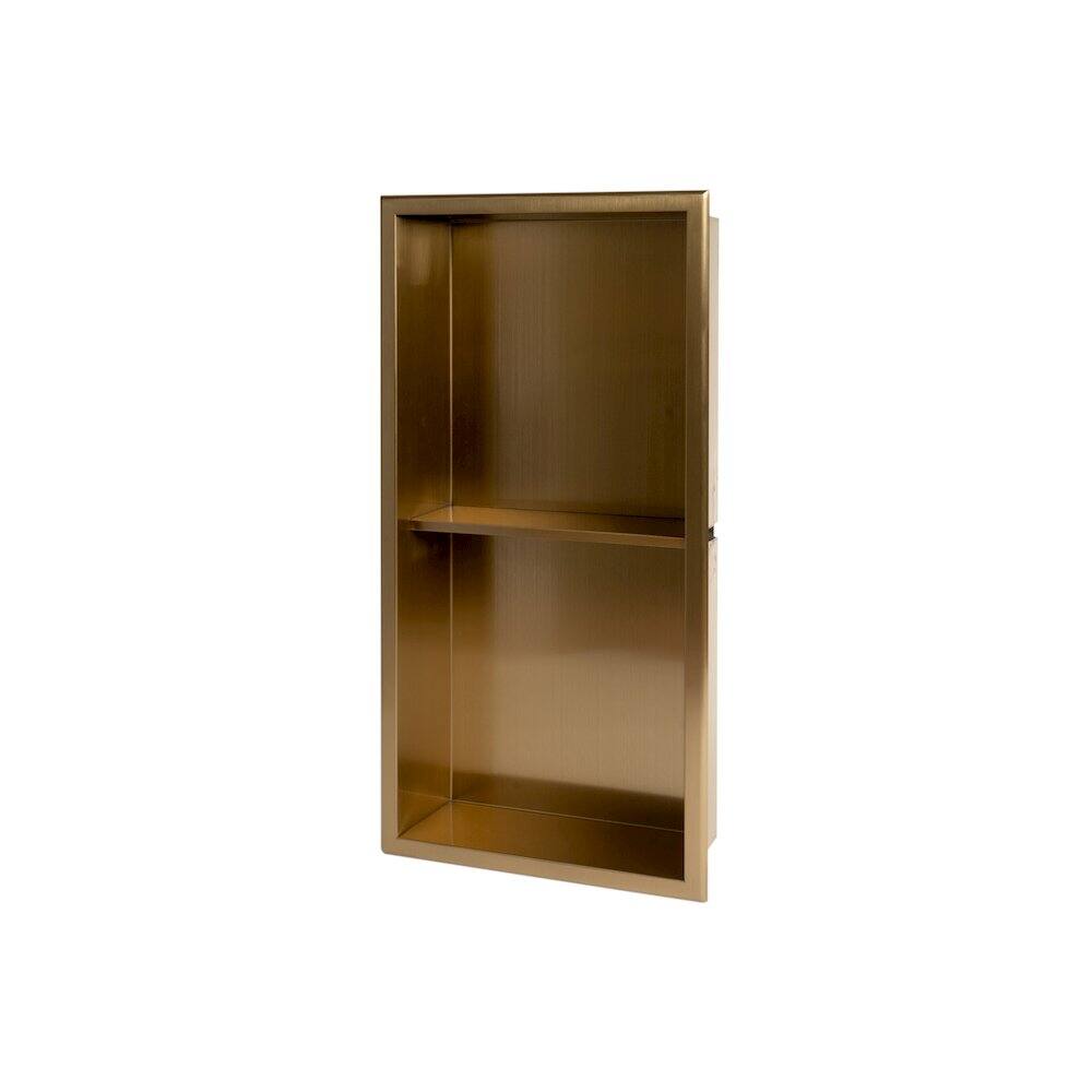 Front. Alfi - 12" x 24" Brushed Gold PVD Stainless Steel Vertical Double Shelf Shower Niche - Gold.