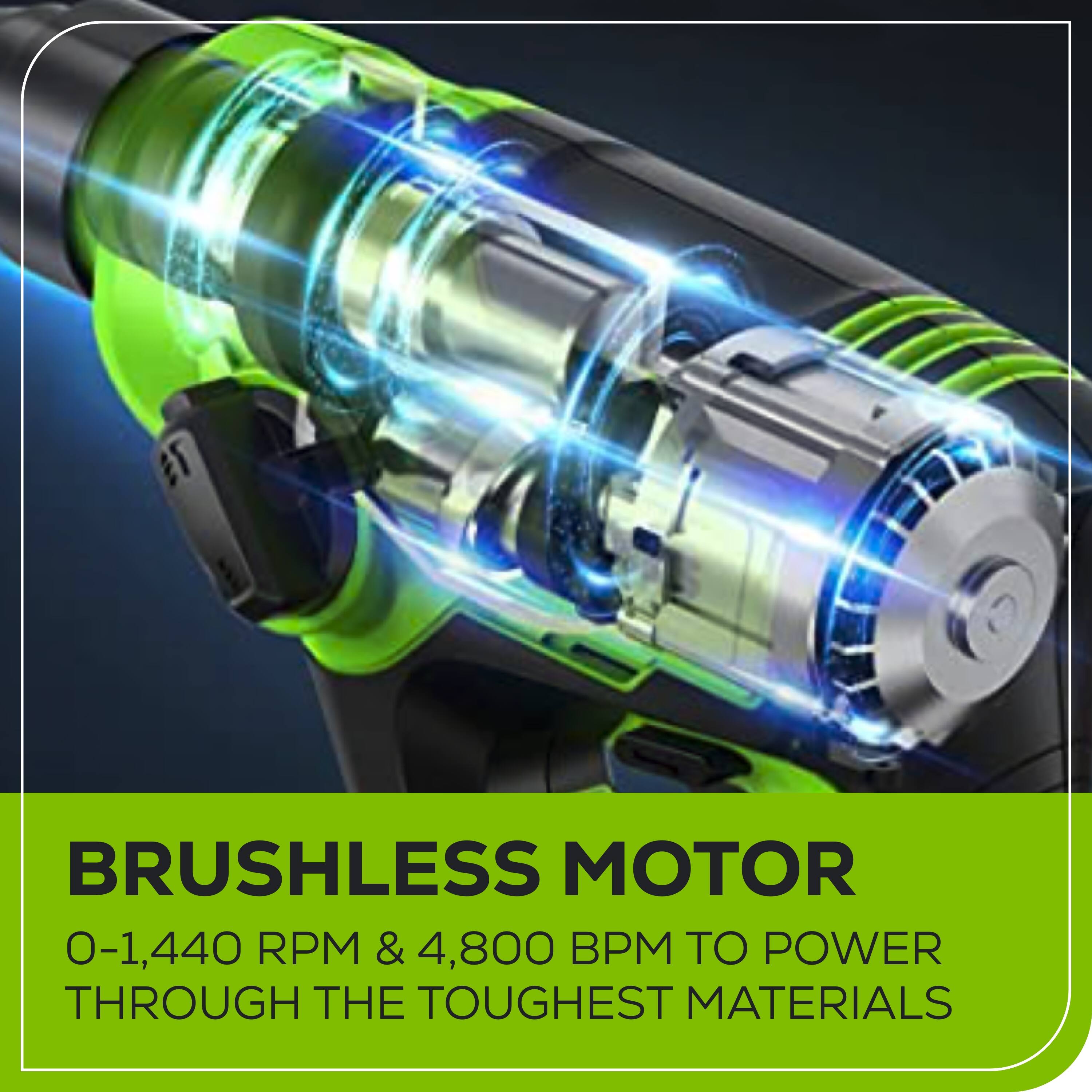BRUSHLESS MOTOR  
0-1,440 RPM & 4,800 BPM TO POWER THROUGH THE TOUGHEST MATERIALS