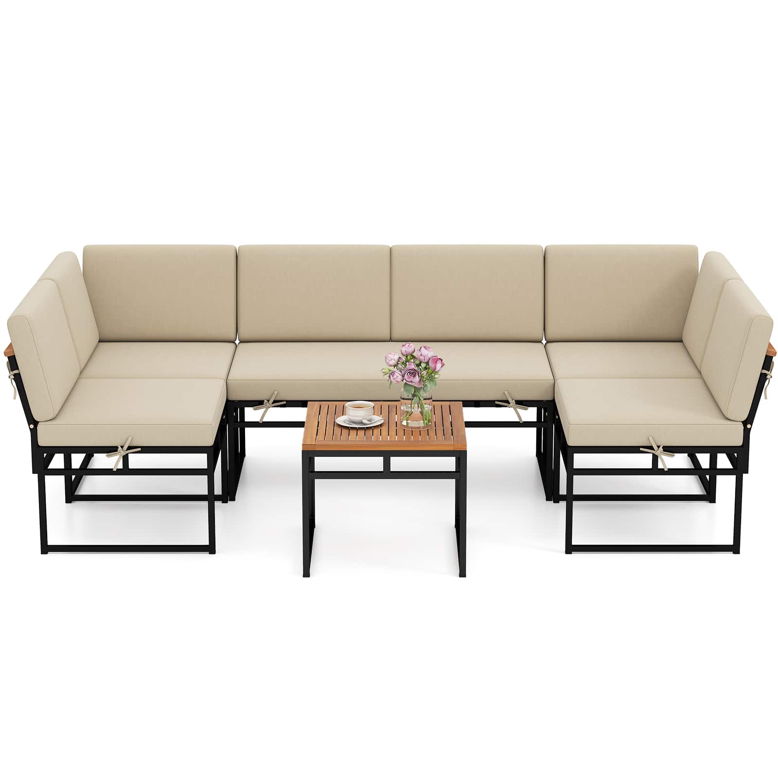 Gymax - Set Of 6 Outdoor Sectional Sofa Set Metal Conversation Set w/ Bungee Rope Seat - Beige price history on PriceWatchPro