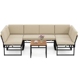 Gymax - Set Of 6 Outdoor Sectional Sofa Set Metal Conversation Set w/ Bungee Rope Seat - Beige