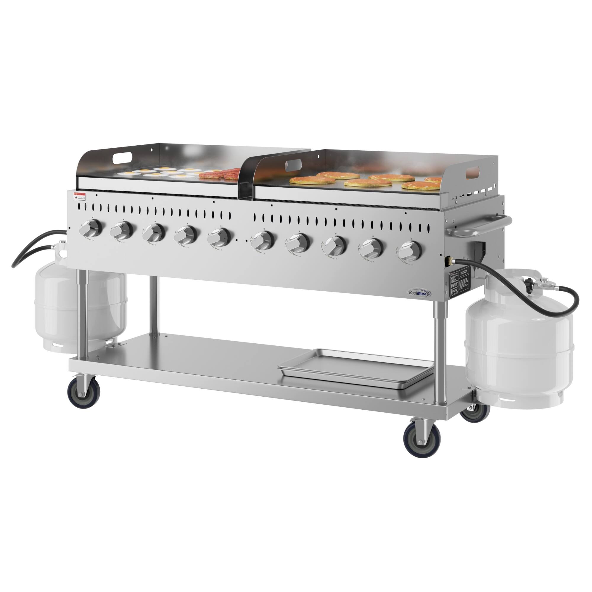 Angle. Koolmore - 72 in. 10-Burner Commercial Outdoor Propane Gas Grill with Two 36 in. Griddles in Stainless-Steel, ETL (CGKIT7-G36G36) - Stainless Steel.