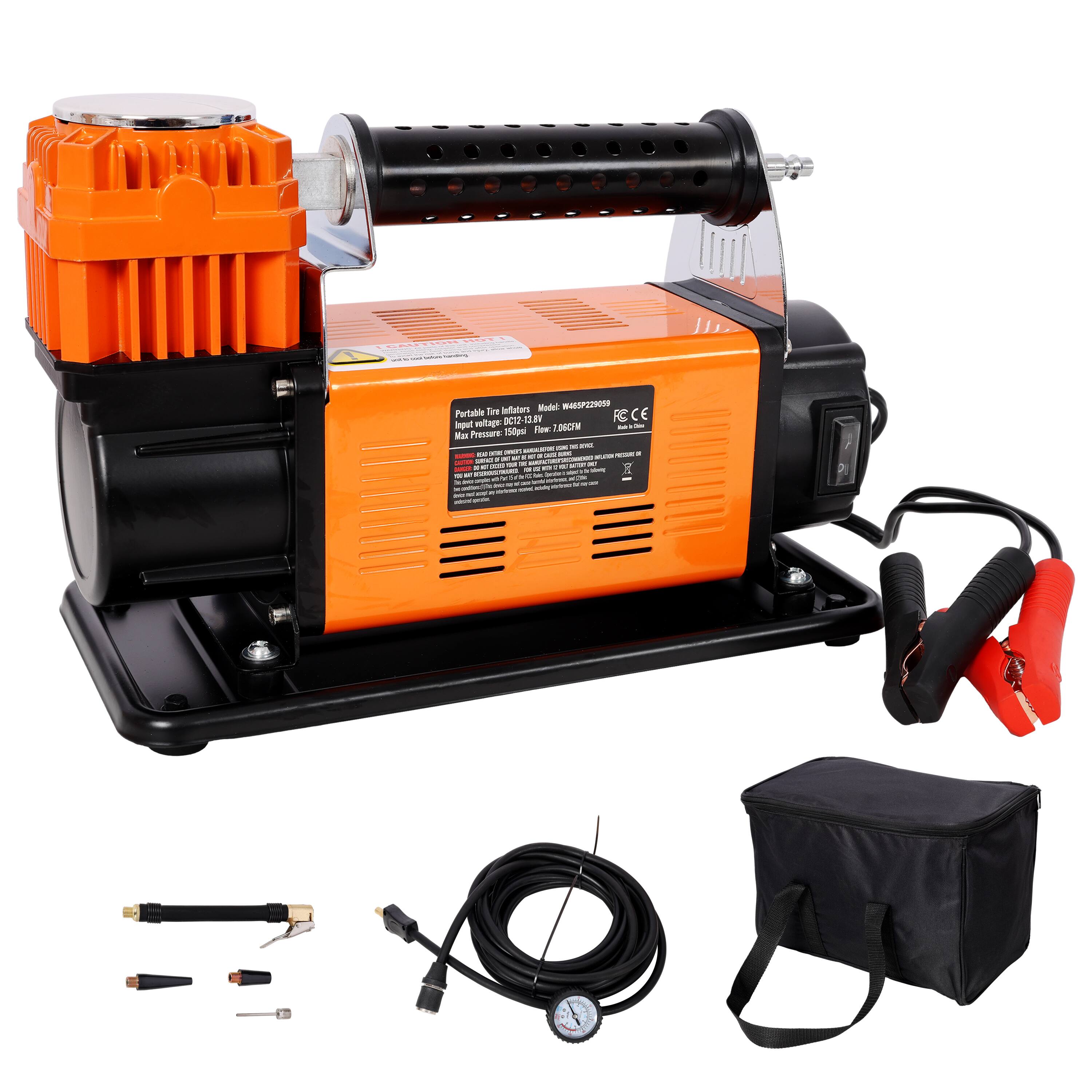 MOOSOO - 12V Heavy Duty Air Compressor,Tire Inflator with Pressure Gauge, 150 PSI Air Pump for Car, SUV, RV, Truck - Orange