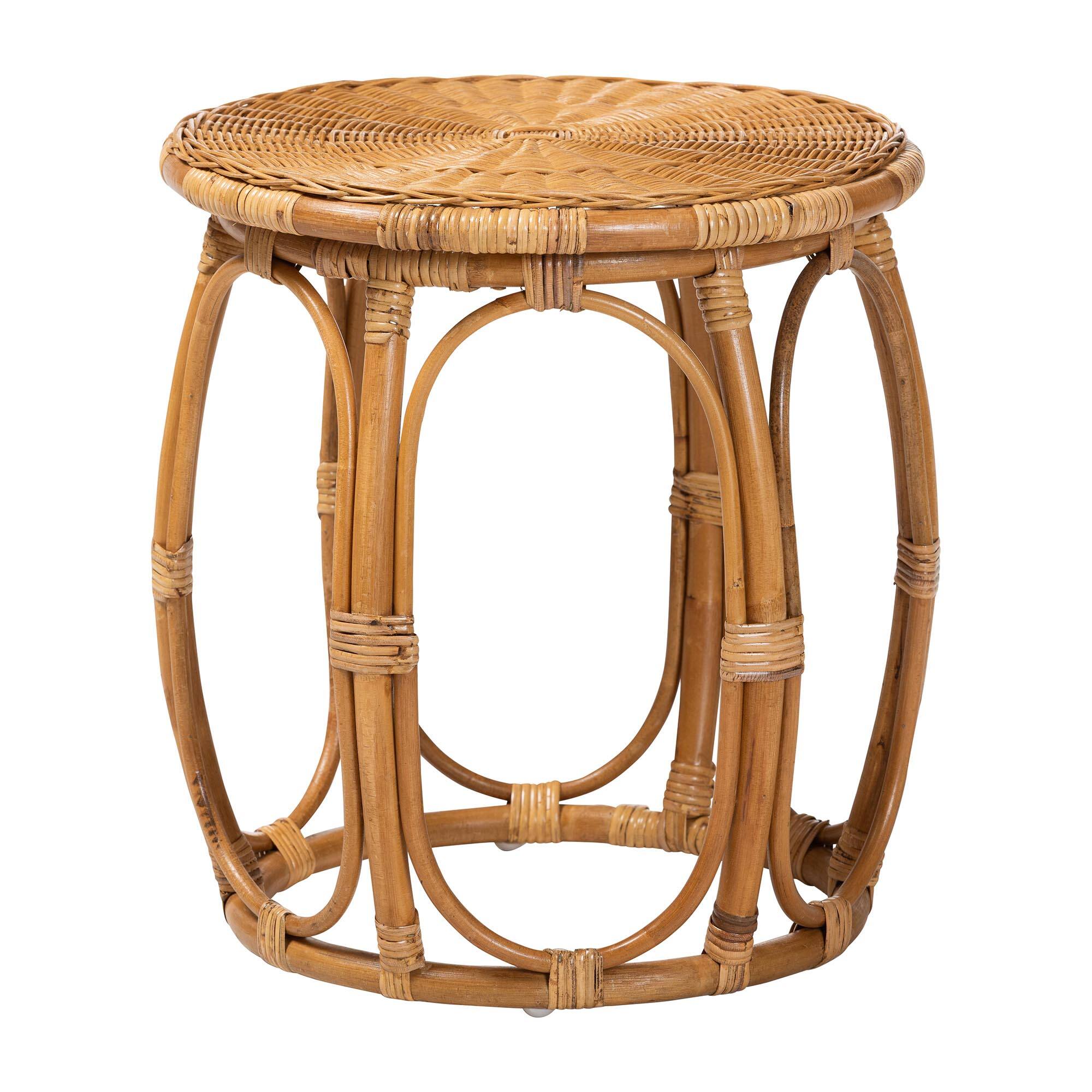 Angle. bali & pari - Jayana Natural Rattan Round End Table - Handwoven Wicker Accent Table with Open Frame Base, Lightweight Coastal - Light Honey.