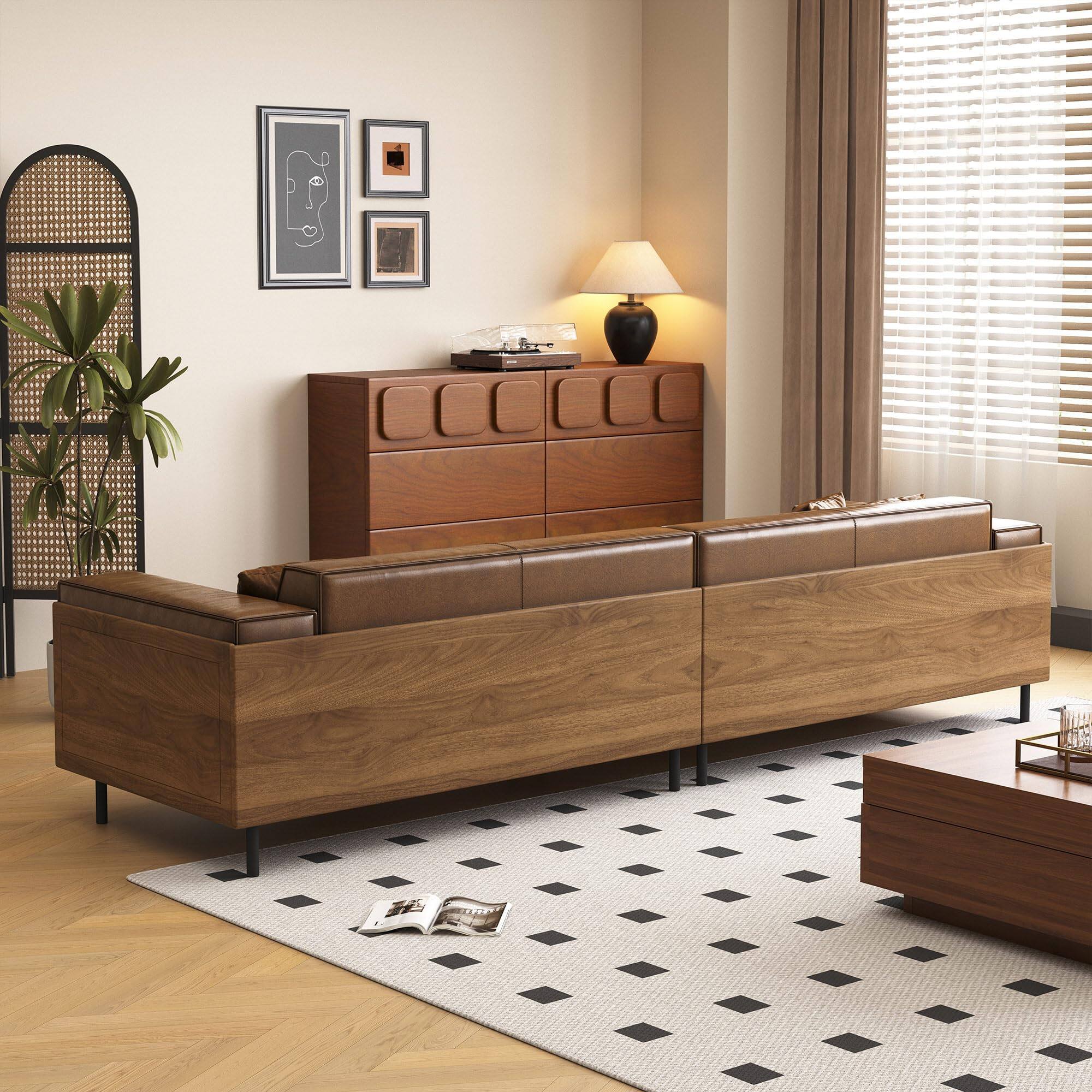 Alt View 10. luck idea - Mid-century Modern Leather Sofa With Wooden Accents, 4-seater Living Room Couch With 3 Throw Pillows - Brown.