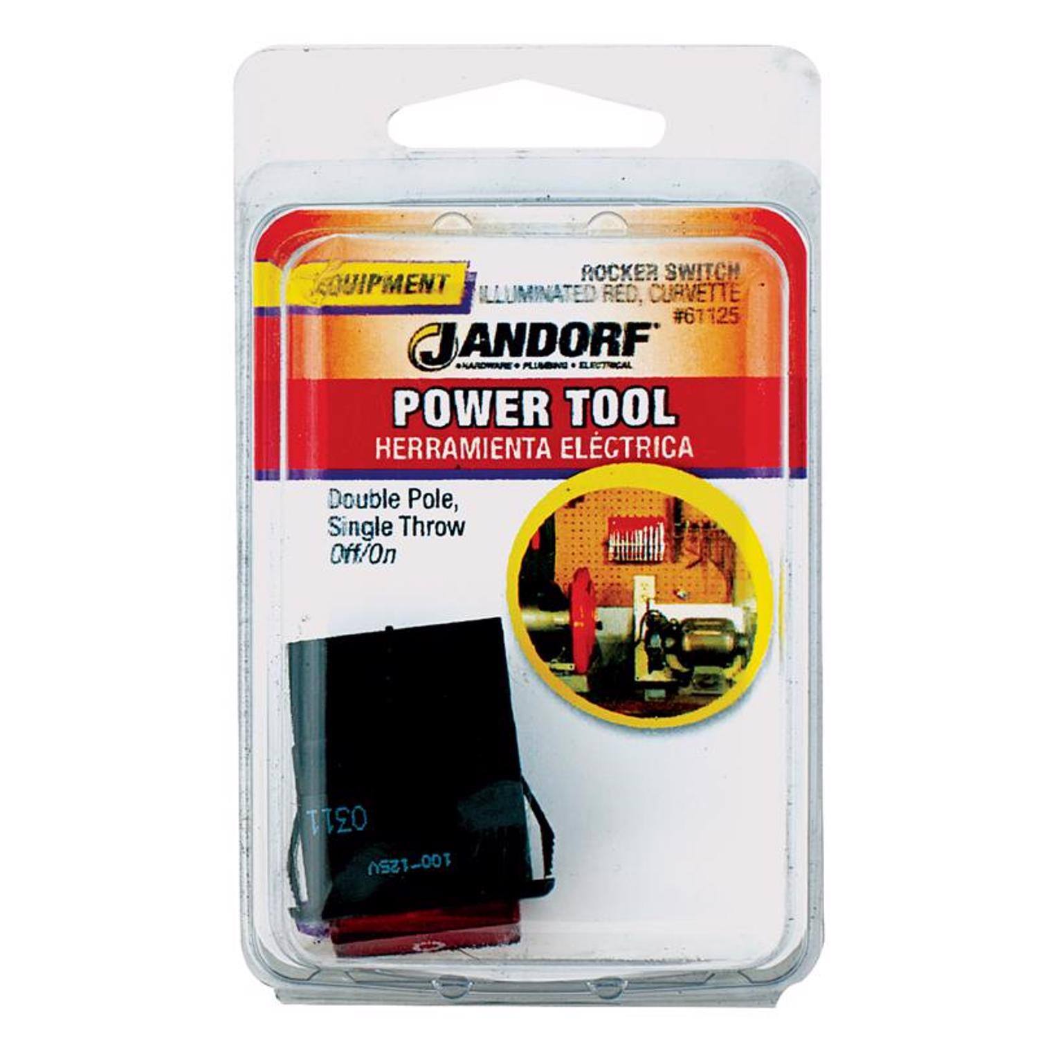 ROCKER SWITCH EQUIPMENT ILLUMINATED RED, CURVETTE #61125  
JANDORF  
ELECTRICAL POWER TOOL  
HERRAMIENTA ELÉCTRICA  
Double Pole, Single Throw Off/On  
0311 100-125U