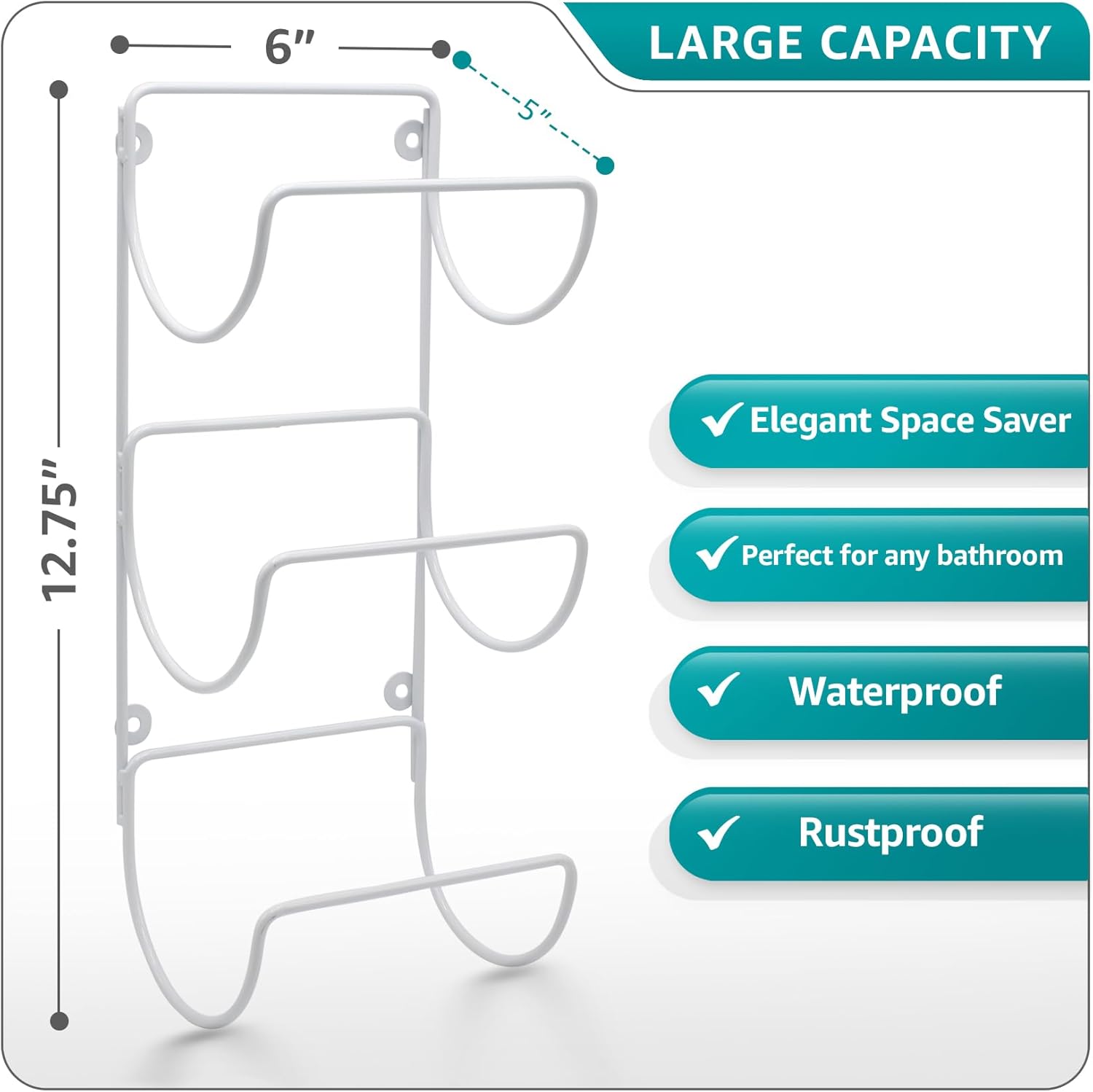 6" 5" LARGE CAPACITY 12.75" Elegant Space Saver Perfect for any bathroom Waterproof Rustproof