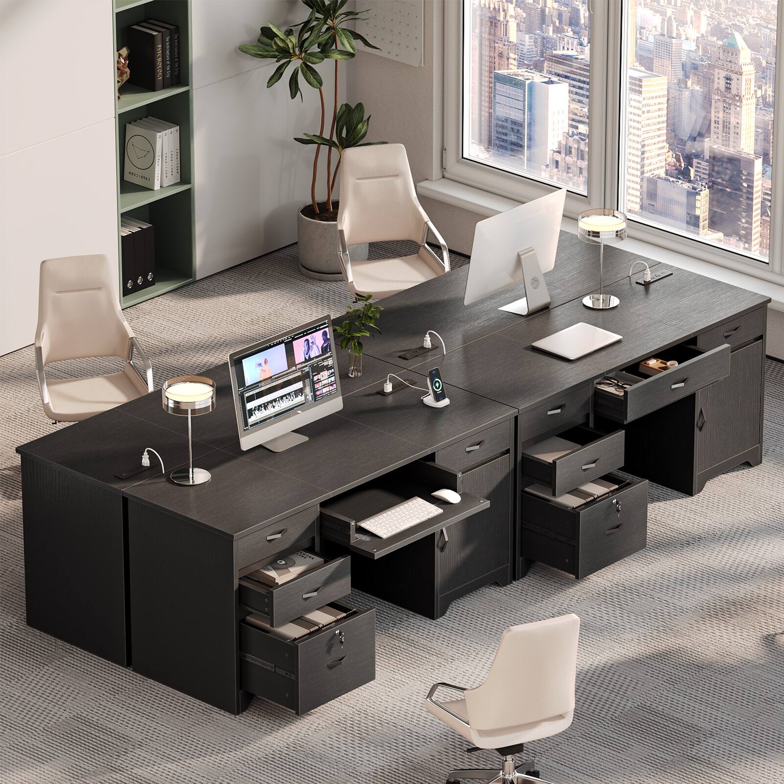 Back. Bestier - 59-inch Office Desk with Charging station, File Drawers & Cabinets for Study & Bedroom - Black.