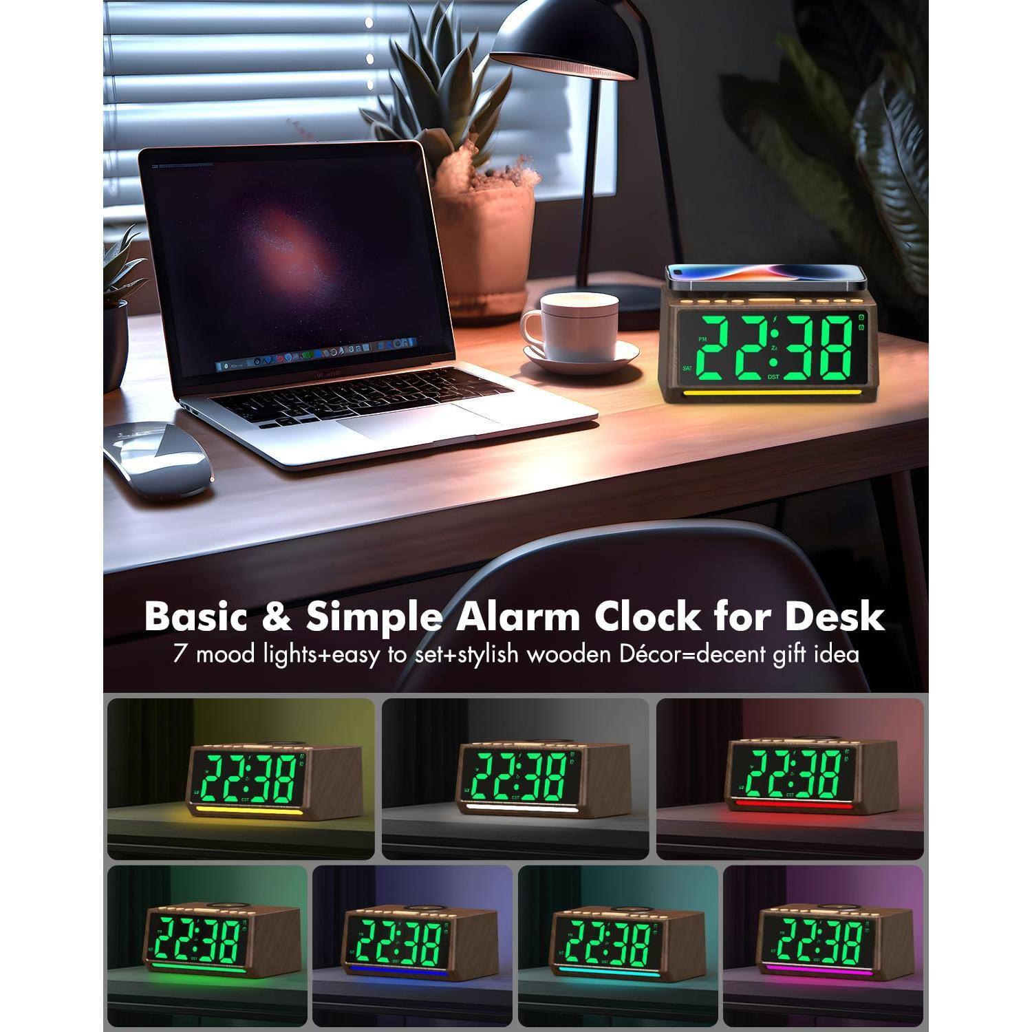 Basic & Simple Alarm Clock for Desk  
7 mood lights + easy to set + stylish wooden Décor = decent gift idea