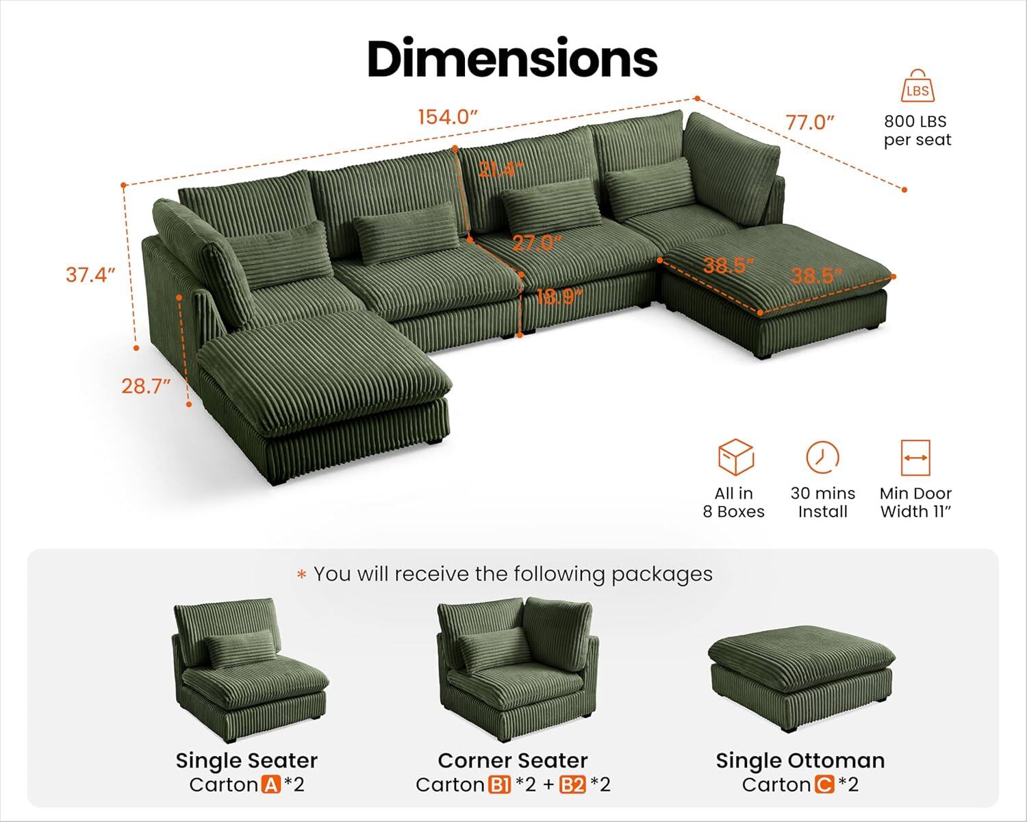 Dimensions: 154.0" x 21.4" x 77.0"  
Weight Capacity: 800 LBS per seat  
Seat Dimensions: 37.4" x 27.0" x 8.9"  
Armrest Dimensions: 38.5" x 38.5" x 28.7"  
All in 8 Boxes  
30 mins Install  
Min Door Width: 11"  

You will receive the following packages:  
- Single Seater Carton A *2  
- Corner Seater Carton B1 *2 + B2 *2  
- Single Ottoman Carton C *2