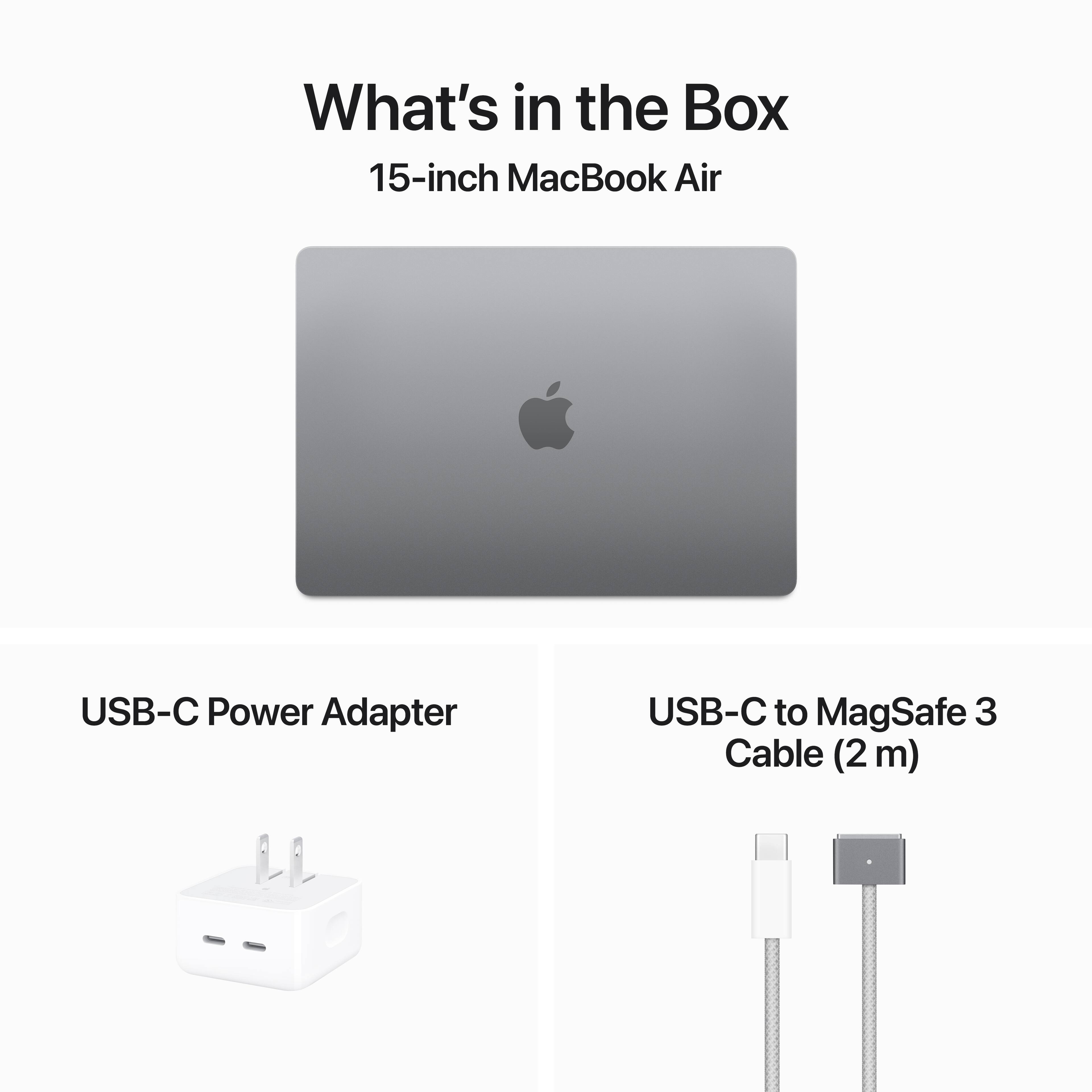 What's in the Box: 15-inch MacBook Air, USB-C Power Adapter, USB-C to MagSafe 3 Cable (2m)