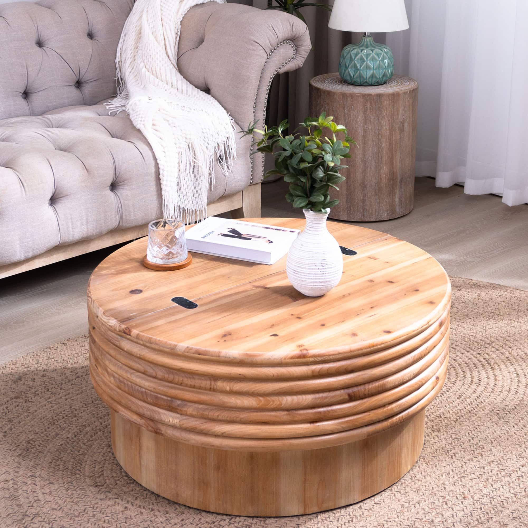 GOODSILO - Round Lift-Top Coffee Table with Hidden Storage Space Modern Rustic Living Room Centerpiece - Multi,Natural+Rustic