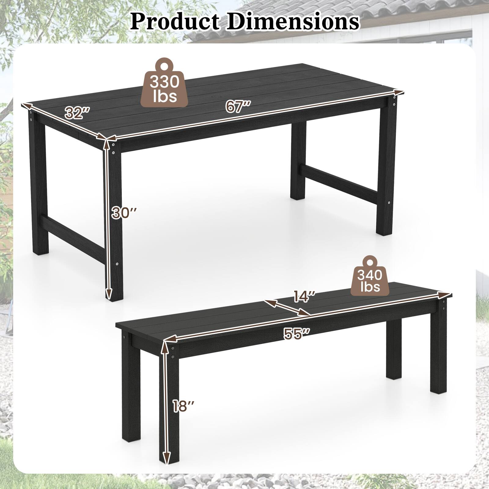 Product Dimensions

- Table: 32" x 67" x 30" - 330 lbs
- Bench: 55" x 14" x 18" - 340 lbs