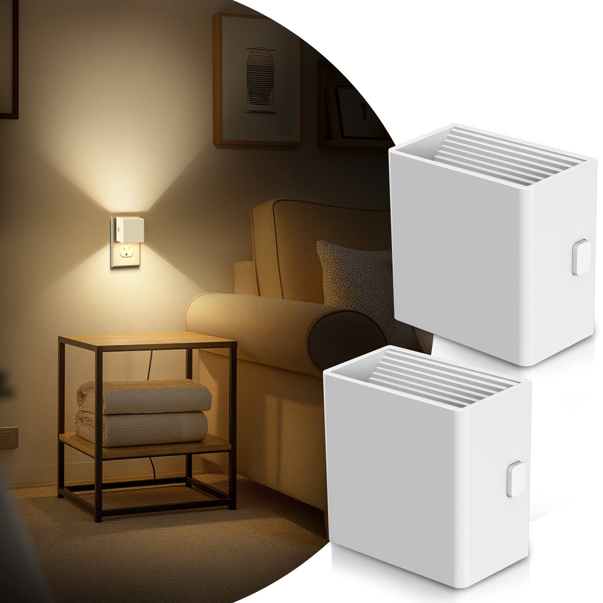 Angle. Jandcase - JANDCASE 2-Pack 1W  Plug-in Night Light, 3000K Warm Glow,Up/Down Light, 3-Step Dimming, Color Memory, Dusk-to-Dawn - White.