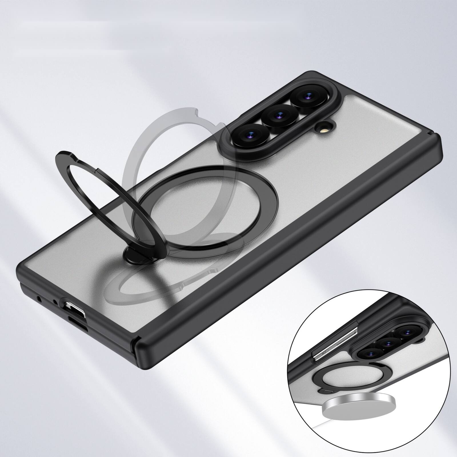 Left. Dteck - For Samsung Galaxy Z Fold8 Ultra Magnetic Case Built-in Screen Protector,Shockproof Ring Stand Clear Back Hinge Cover - Black.