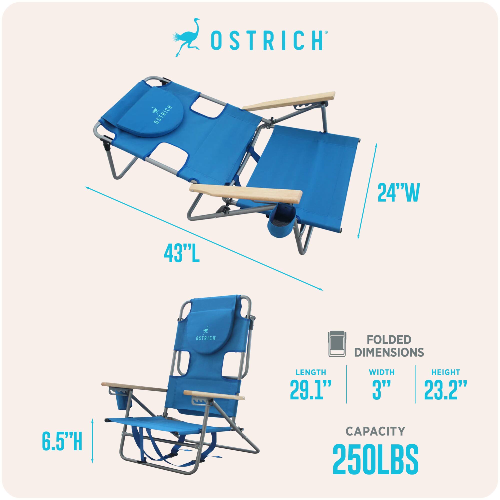 OSTRICH  
24"W 43"L  
OSTRICH FOLDED DIMENSIONS  
LENGTH 29.1"  
WIDTH 3"  
HEIGHT 23.2"  
6.5"H  
CAPACITY 250LBS