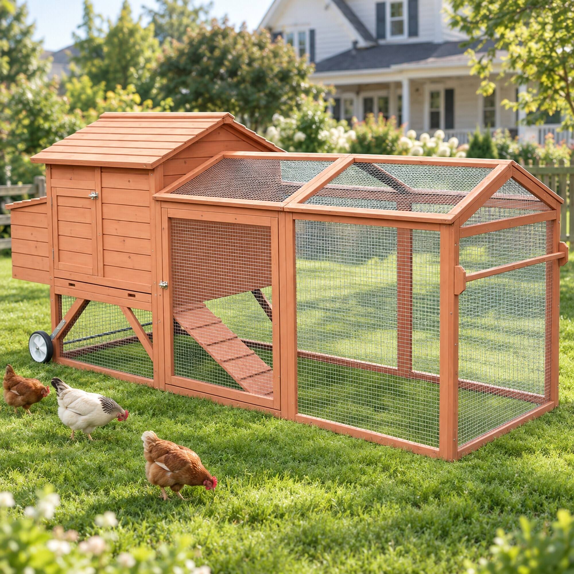Left. RYHNUYNE - Wooden Chicken Coop, Portable Hen House with Wheels, Nesting Box, Outdoor Run, Natural.