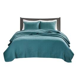 Gracie Mills - Becker Cozy Reversible Pick Stitch Quilt Set with Matching Shams - Teal